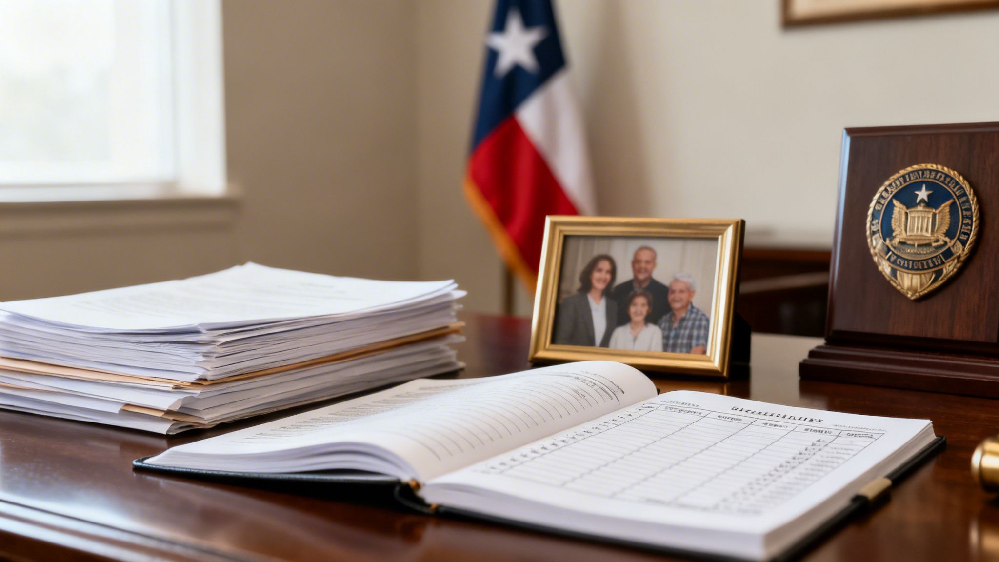 A professional desk with legal documents, a family photo, and a Texas flag, suggesting an office.