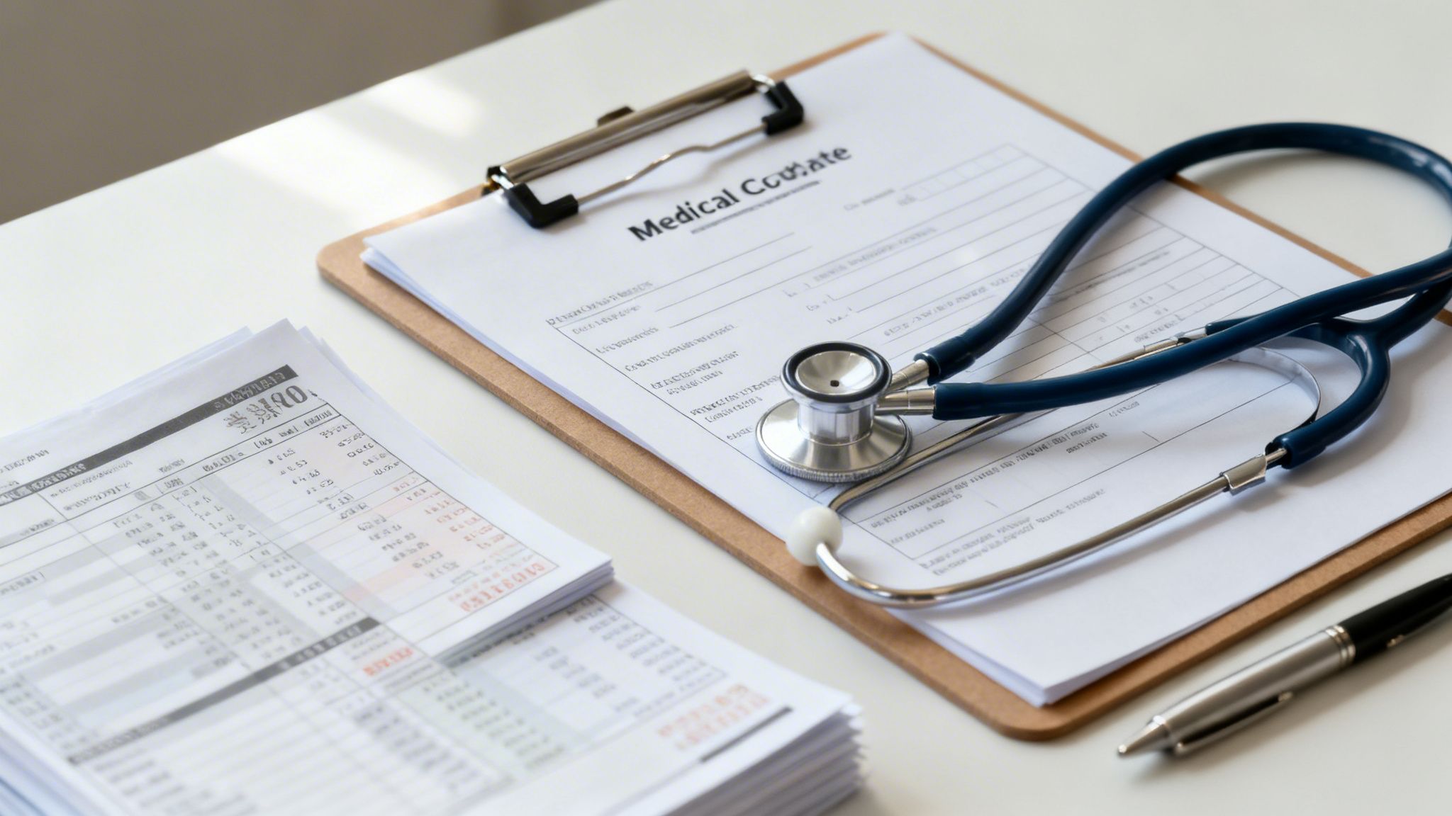 A medical form on a clipboard with a stethoscope and pen, alongside stacked documents on a desk.