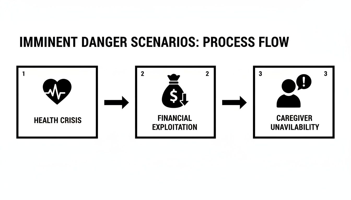 Process flow diagram illustrating imminent danger scenarios: health crisis, financial exploitation, and caregiver unavailability.