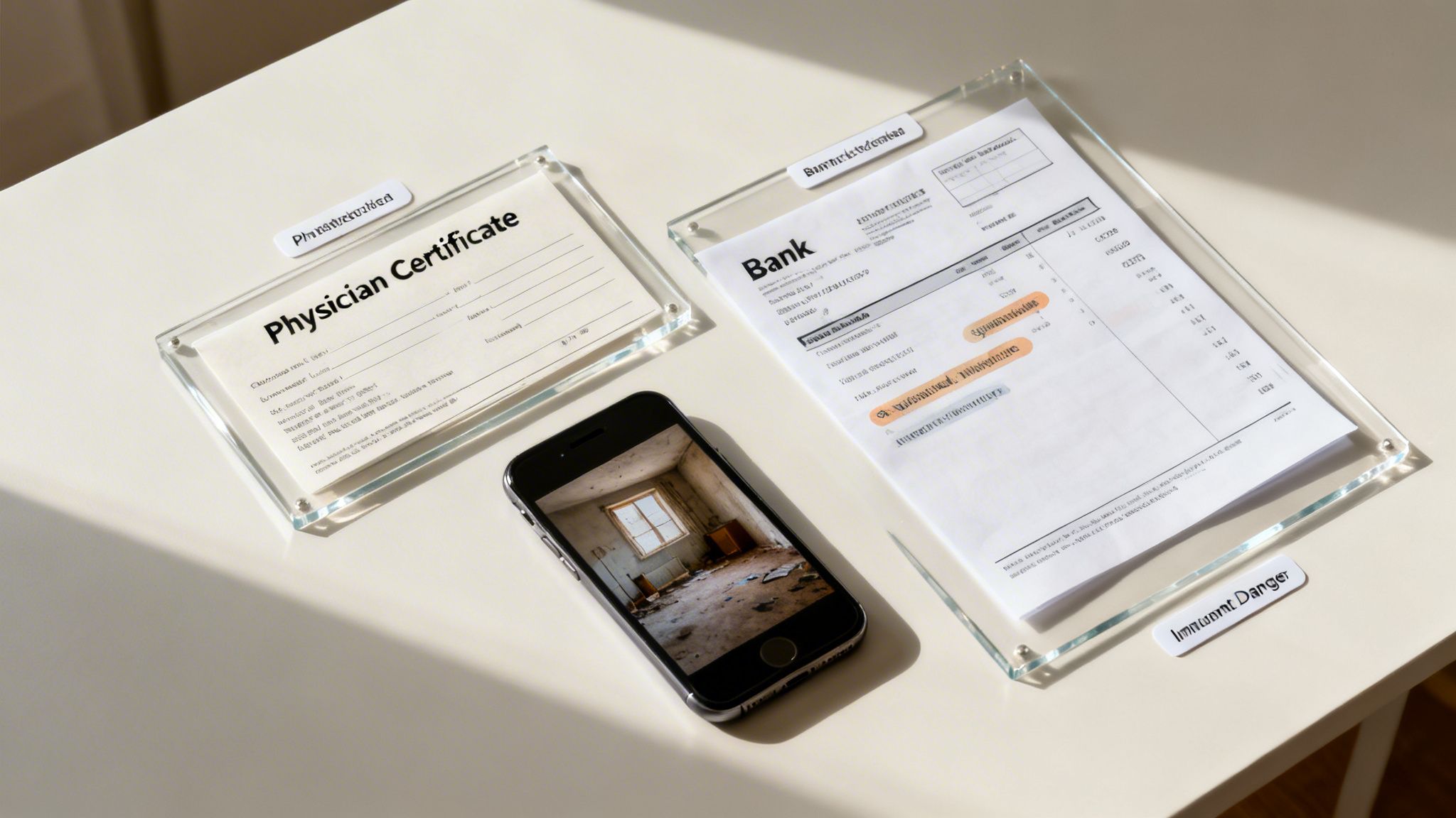 A physician certificate, bank statement, smartphone showing a damaged room, and various labels on a white desk.