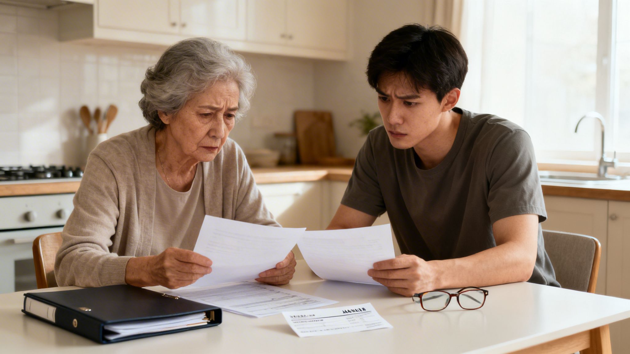 An elderly woman and a young man intently review financial documents at a kitchen table.