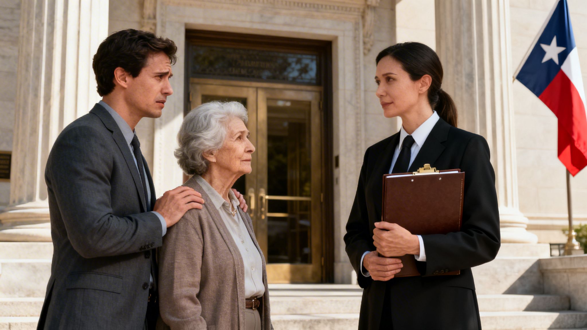 Man comforts elderly woman, facing a female lawyer with a clipboard outside a courthouse with a Texas flag.