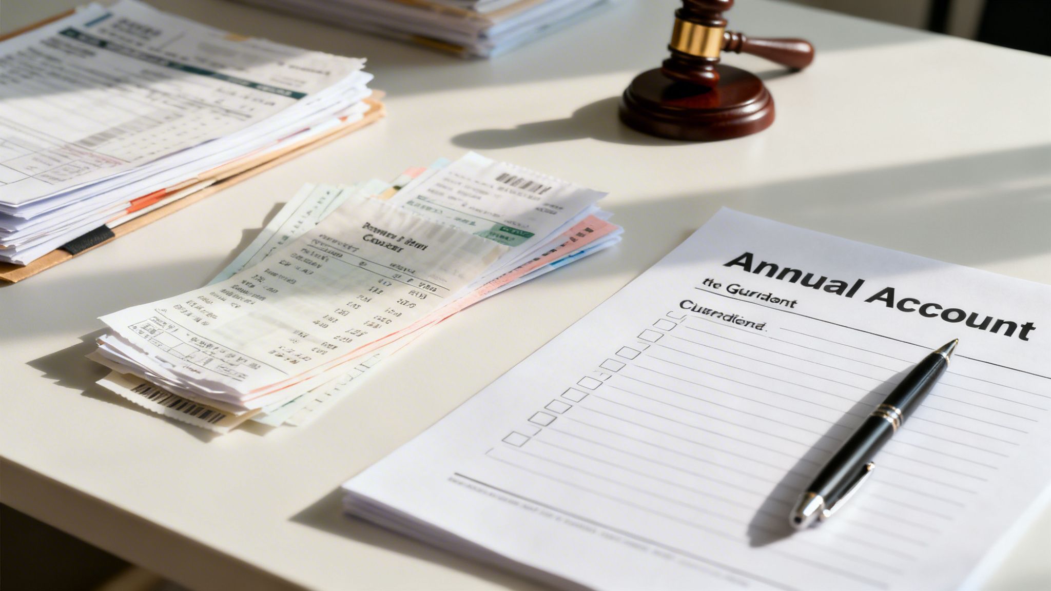 Financial documents, receipts, an 'Annual Account' form, pen, and a judge's gavel on a desk.