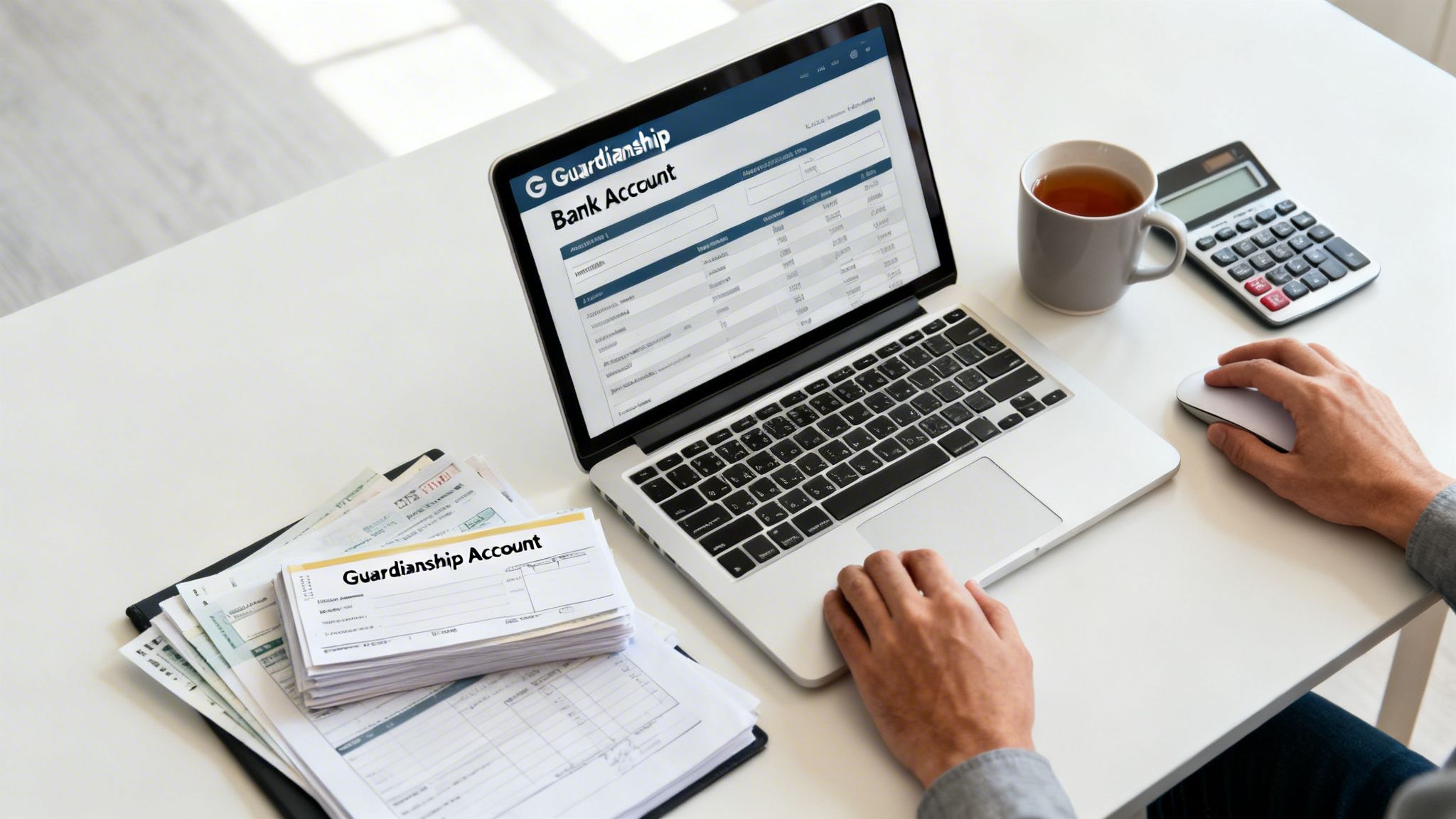 A person manages a guardianship bank account on a laptop, with financial documents and a calculator.