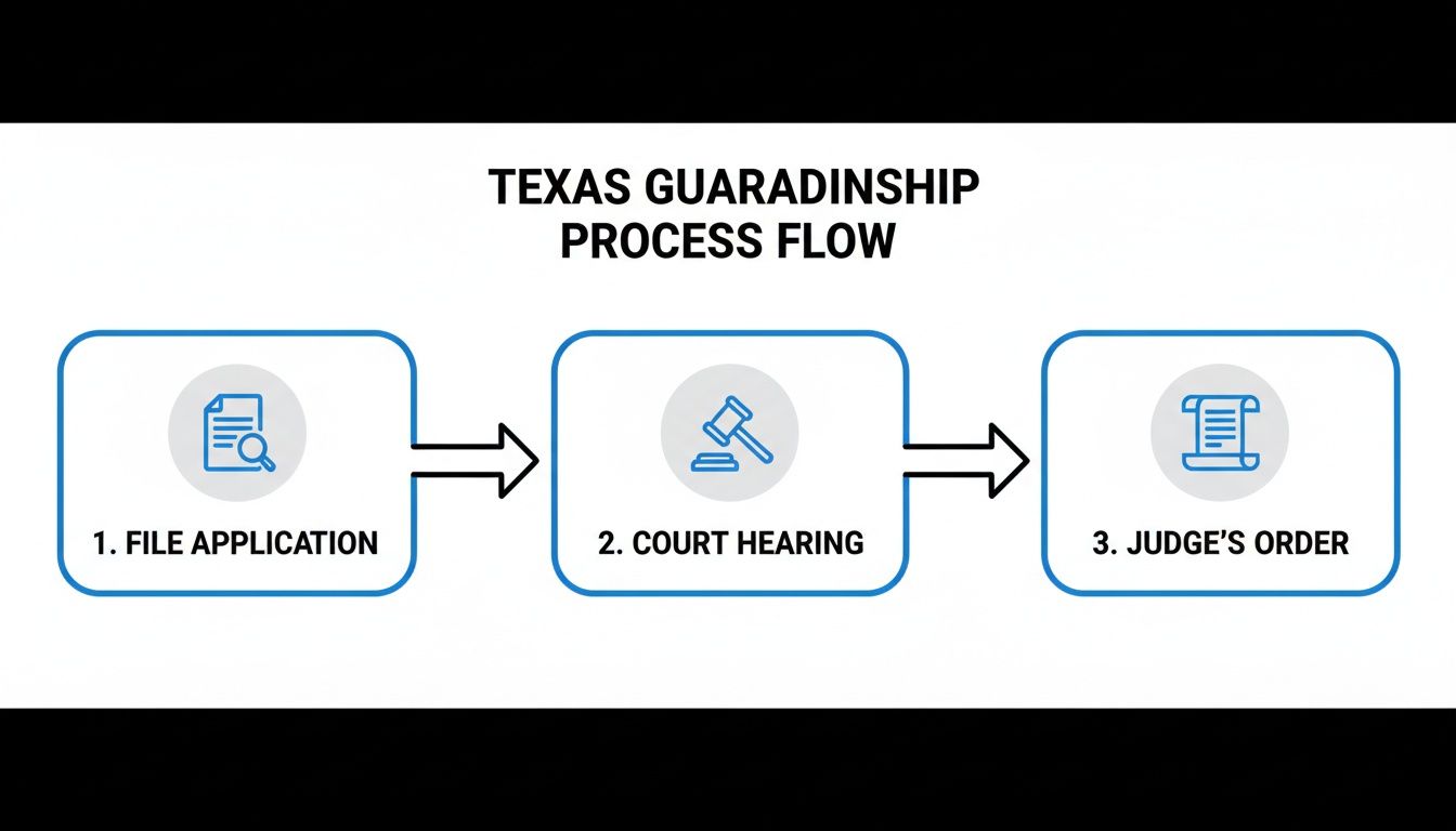 Flowchart illustrating the three-step Texas guardianship process: file application, court hearing, and judge's order.
