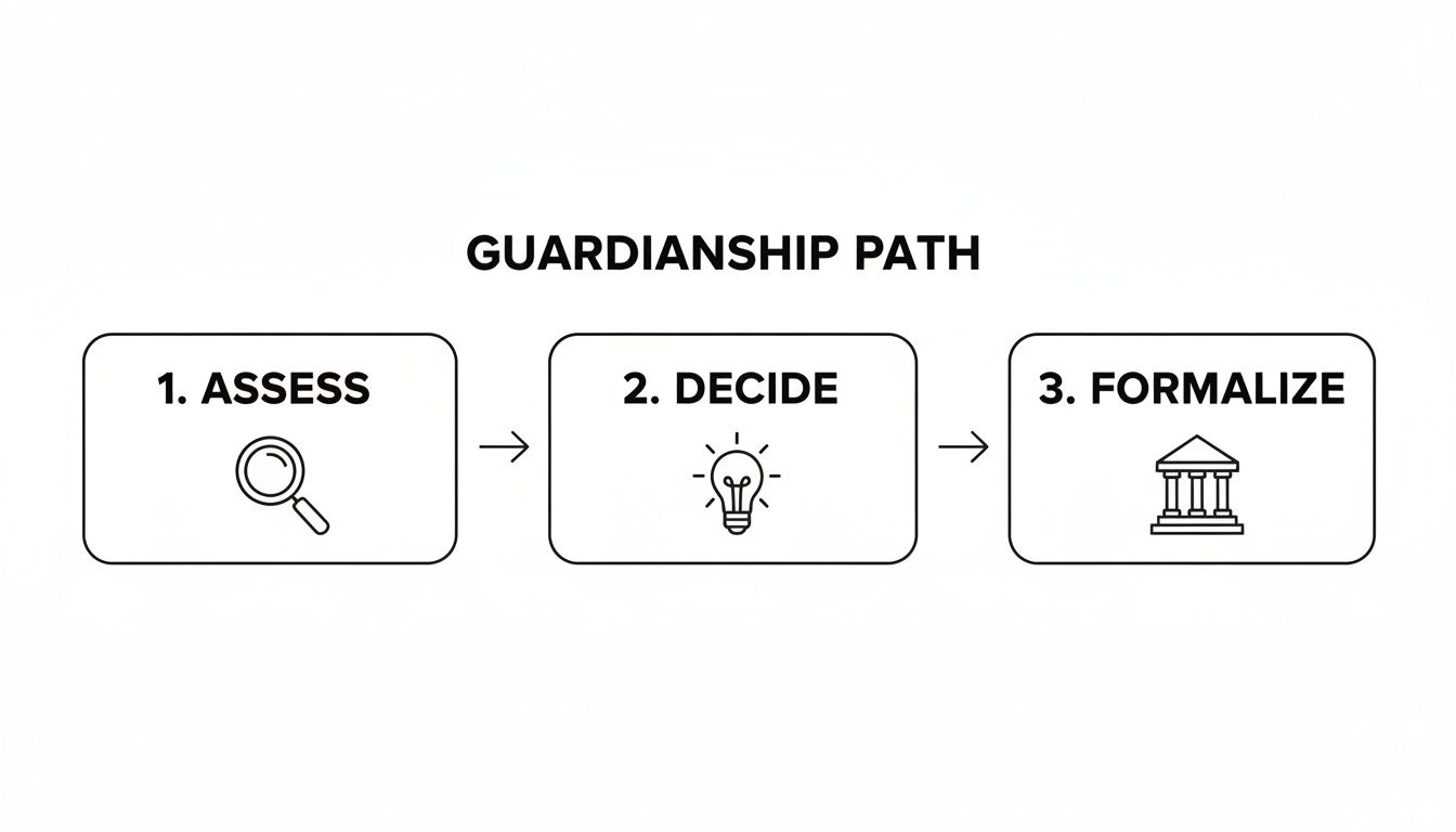 A three-step flowchart illustrating the guardianship path: assess, decide, and formalize, with relevant icons.