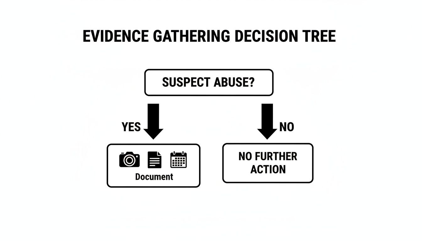 Decision tree outlining steps for evidence gathering when abuse is suspected: document or no further action.