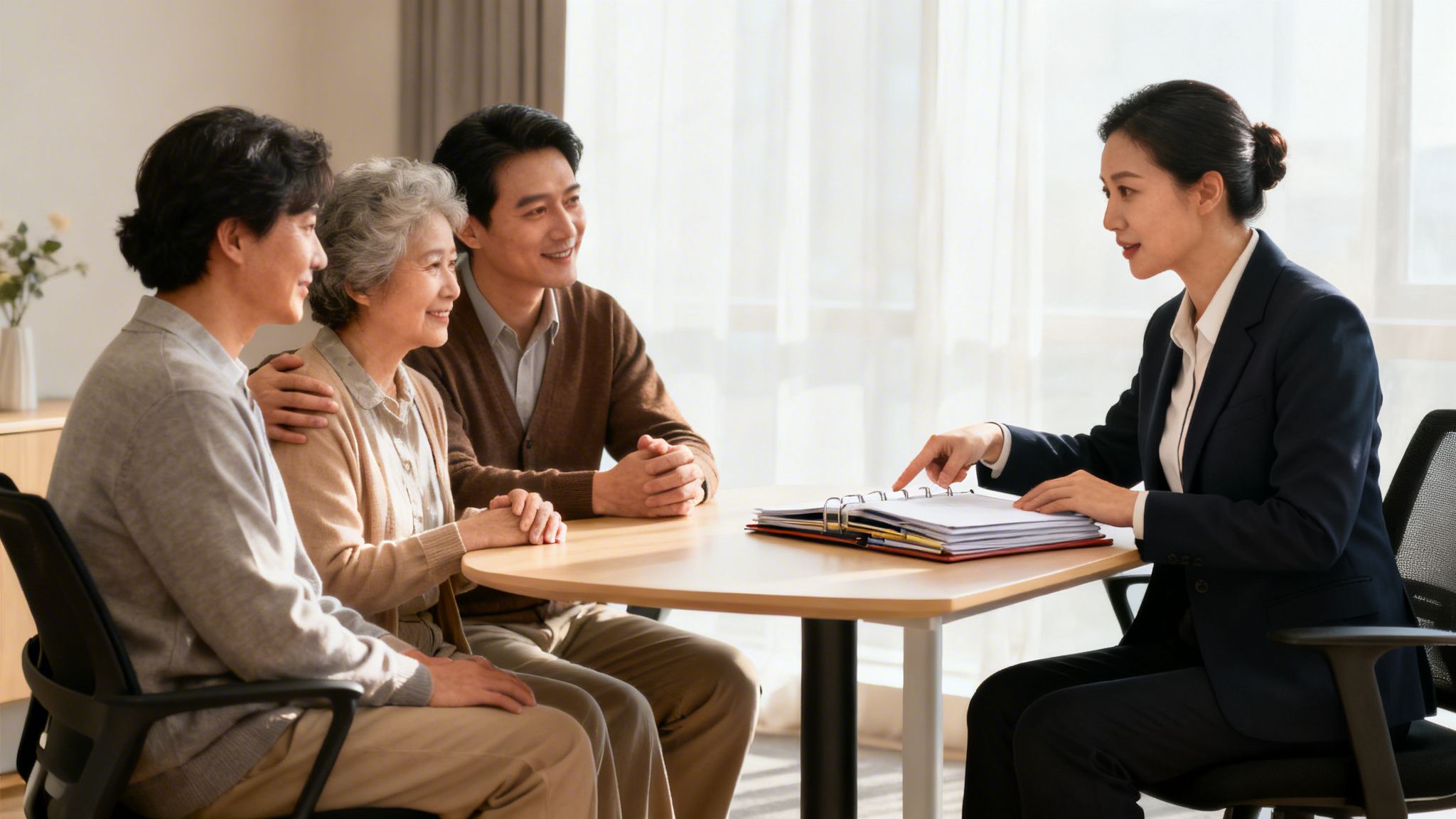 A family consults a female financial advisor about documents and financial planning.