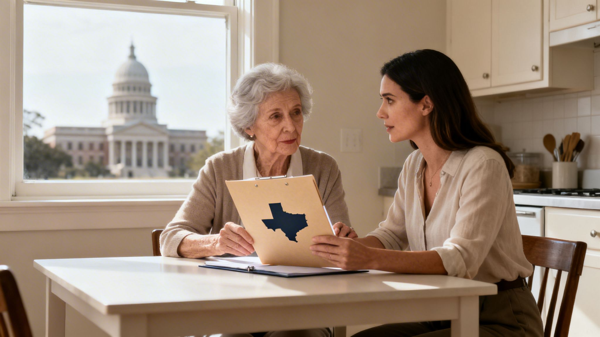 Elderly woman and younger woman discuss documents with Texas map, state capitol in background.