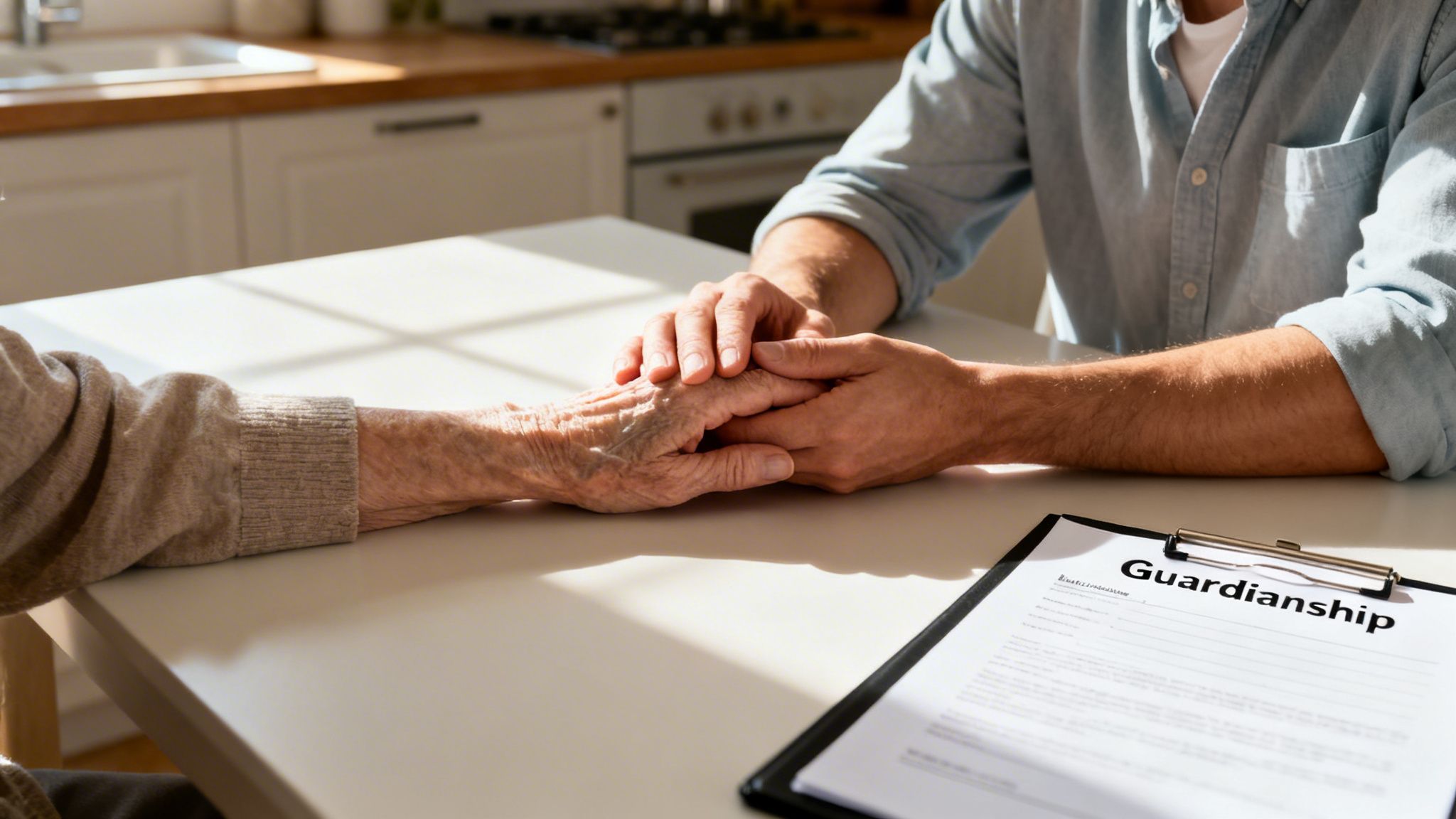 Close-up of a younger person holding an elderly person's hand on a table with a guardianship document.