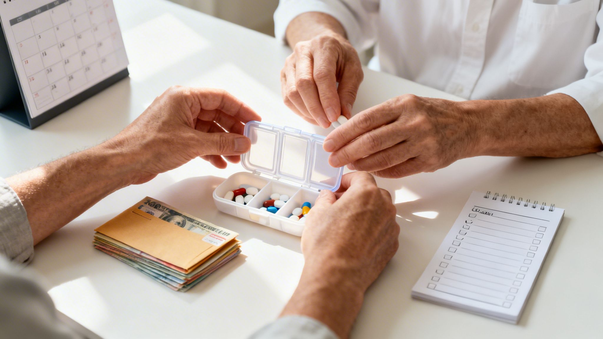 Elderly hands organizing colorful pills into a weekly dispenser, with a calendar and money nearby.