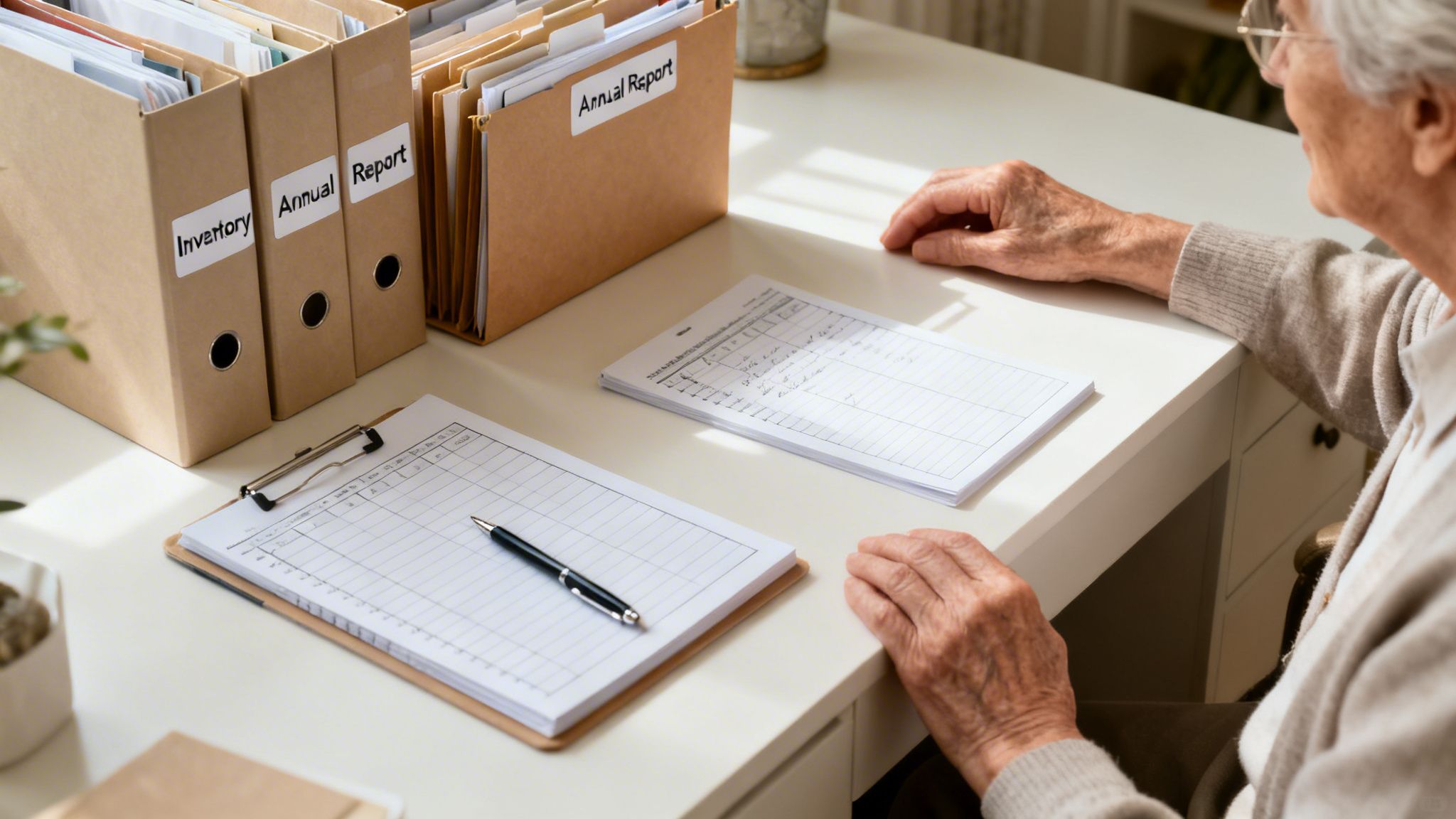 Senior hands on desk, surrounded by binders labeled 'Inventory' and 'Annual Report', with financial forms.