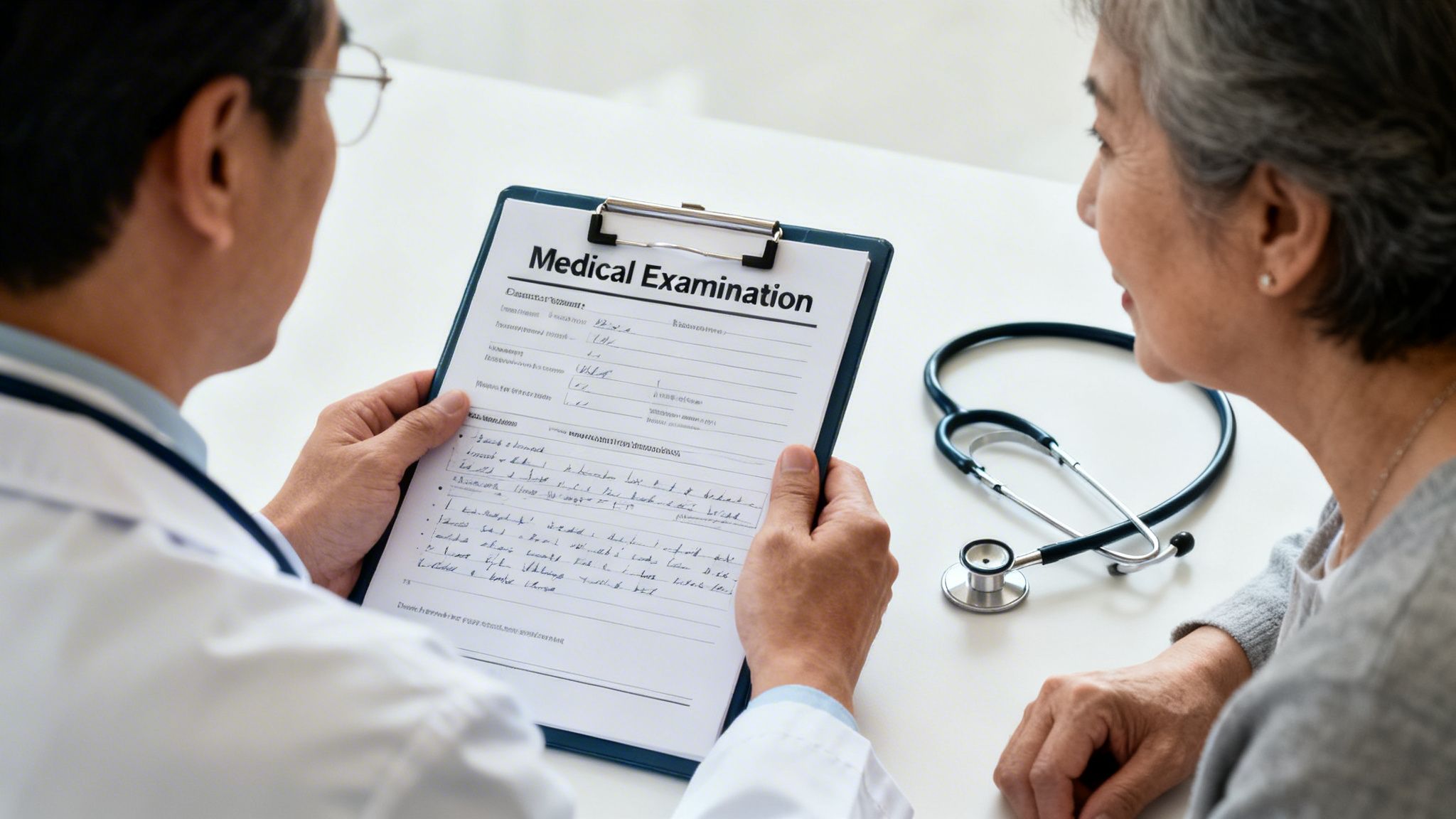 A doctor holds a medical examination form while speaking with an elderly female patient.