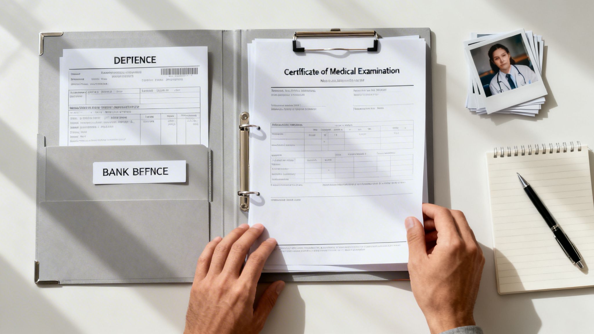 Hands reviewing a medical examination certificate and other documents on a desk with a doctor's photo.