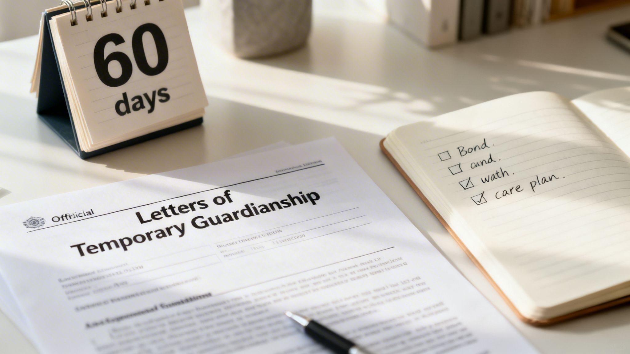 A desk with a '60 days' calendar, 'Letters of Temporary Guardianship' document, and a checklist notebook.