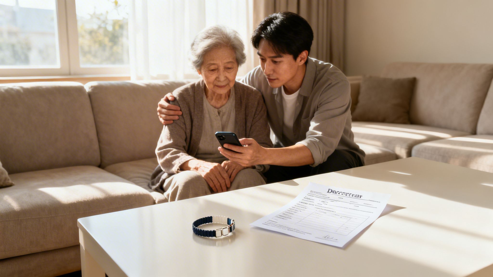 A young Asian man shows an elderly woman content on a smartphone, sitting together on a couch.