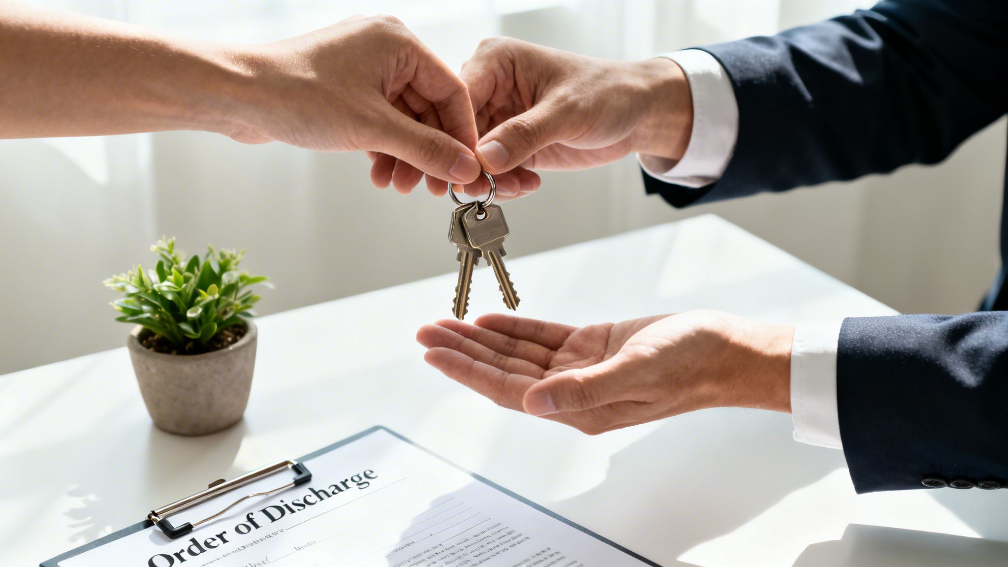 Two hands exchanging a set of keys above a document, representing a property handover.