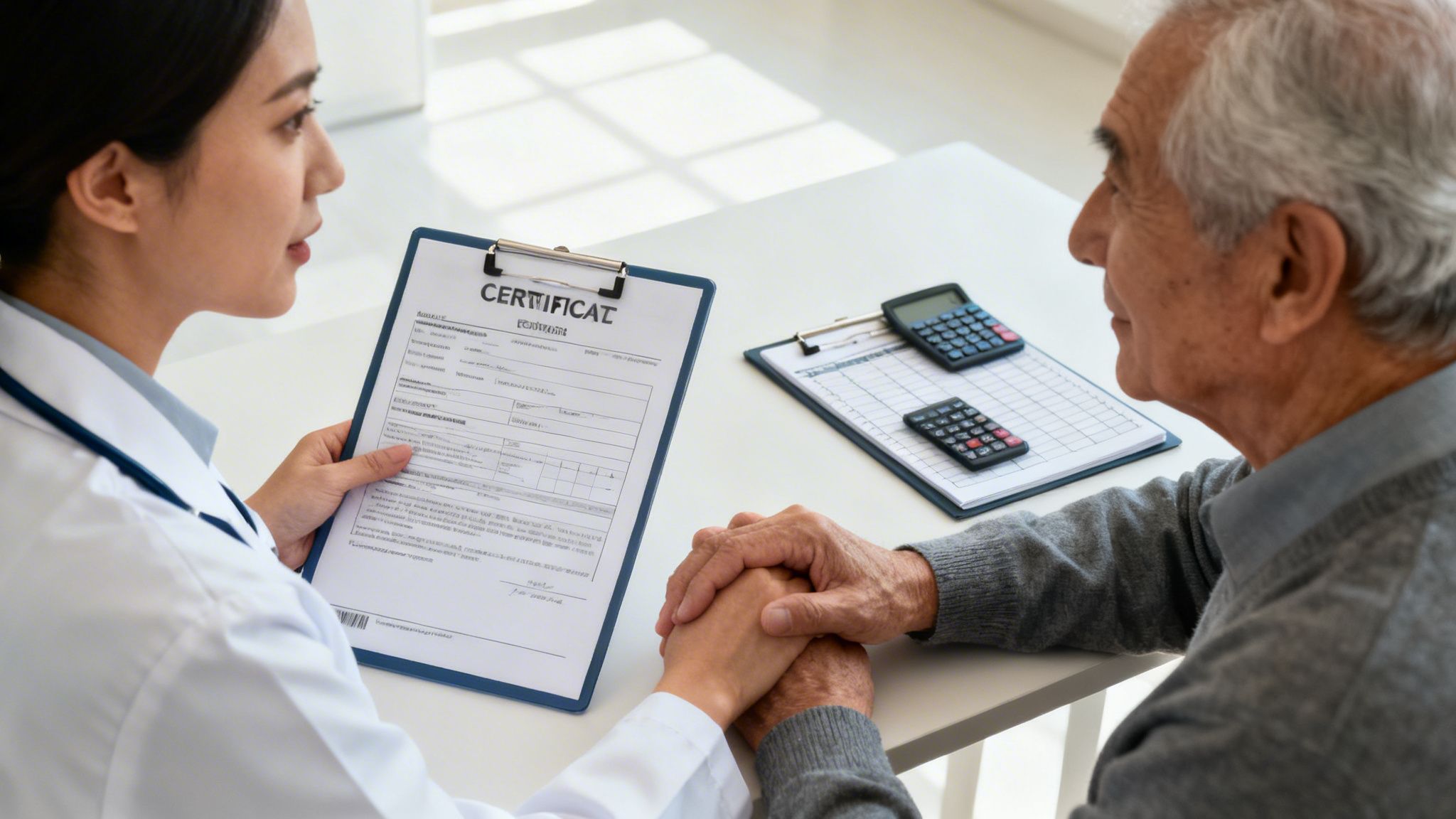 A kind female doctor holding a certificate form, comforting an elderly male patient by holding his hand.