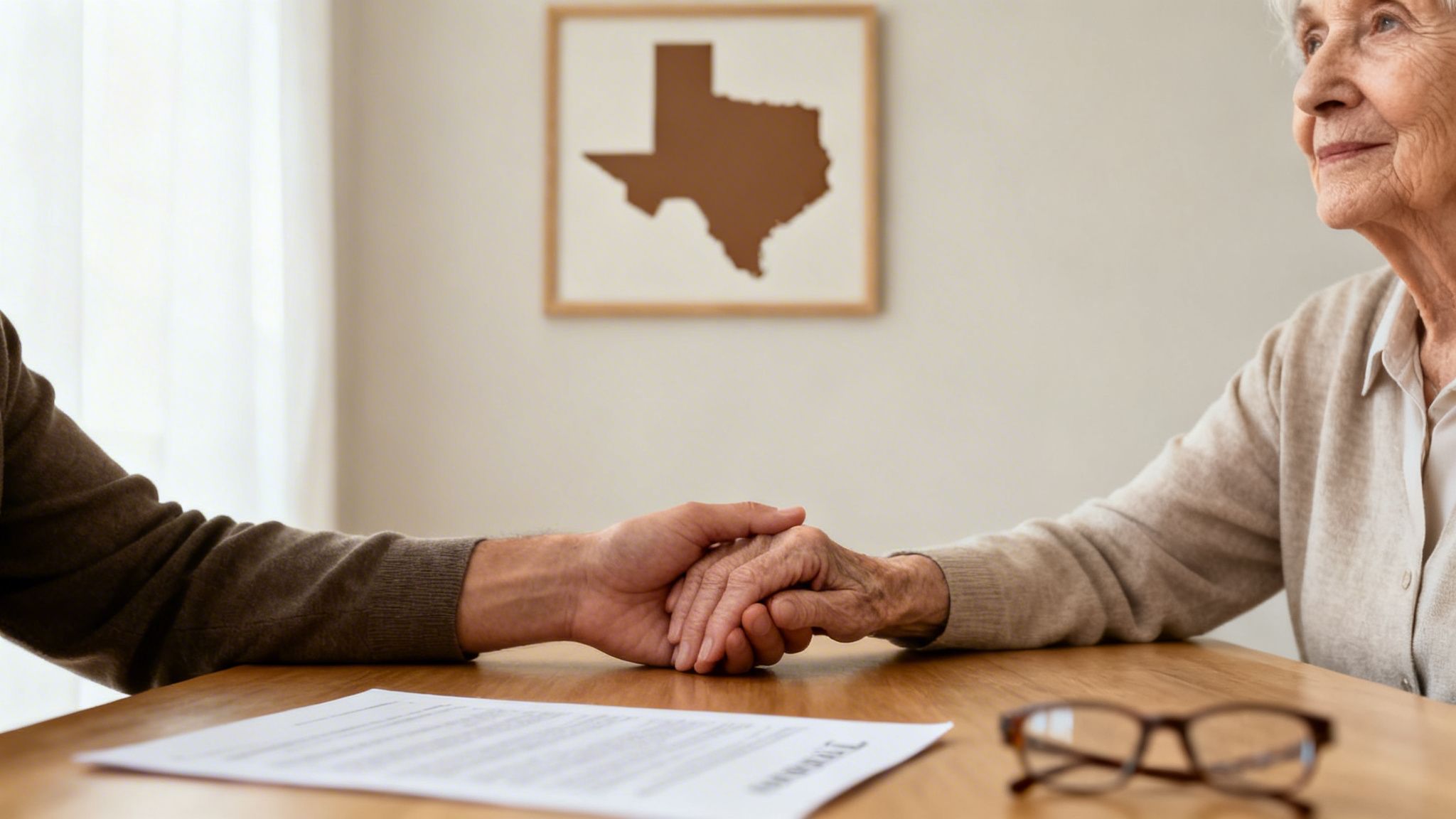 A younger person's hand gently holds an elderly person's hand on a table with legal documents.