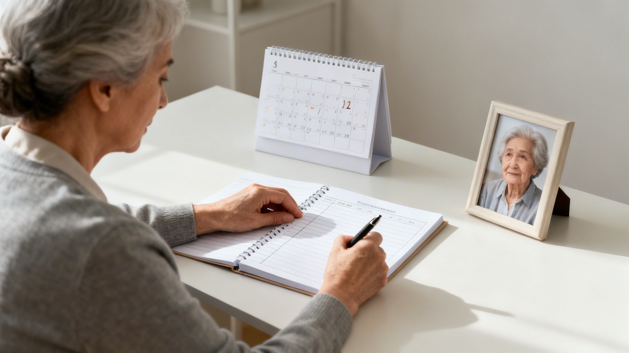 An elderly woman writing in a spiral notebook, with a calendar and framed photo on her desk.