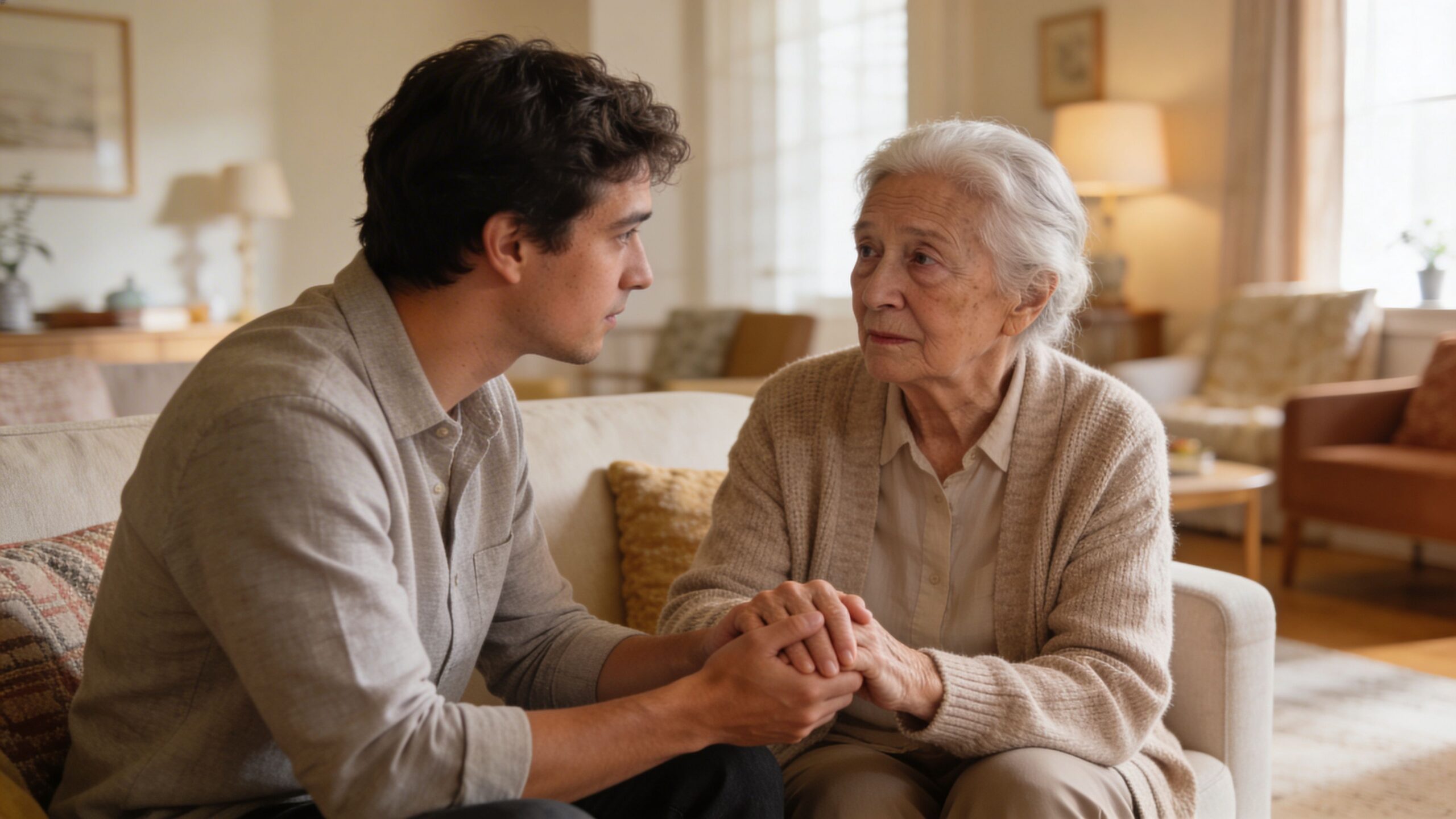 A concerned young man holding hands with an elderly woman while sitting together on a living room sofa.