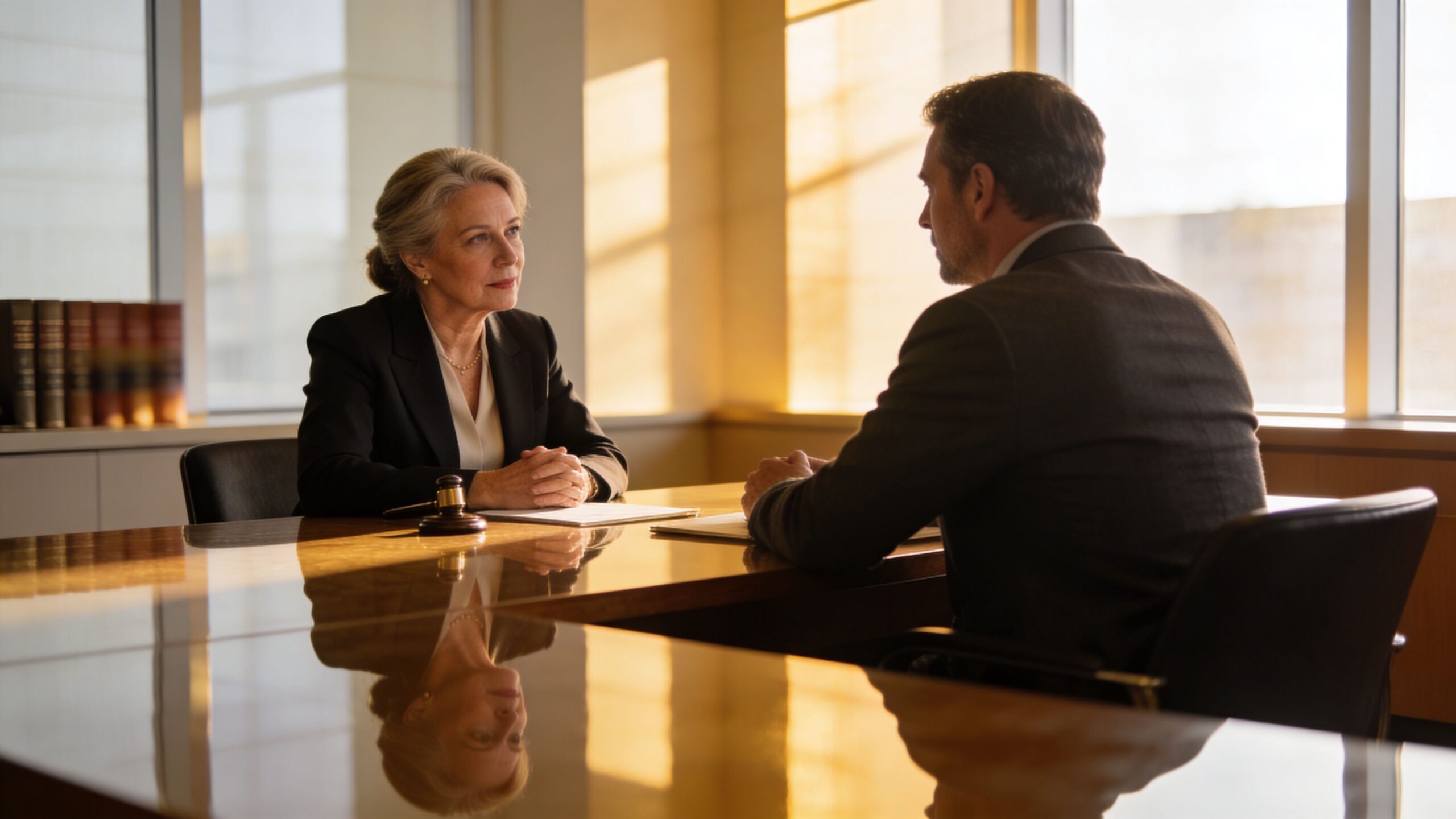 A professional woman judge sitting at a desk opposite a man discussing legal matters in an office.