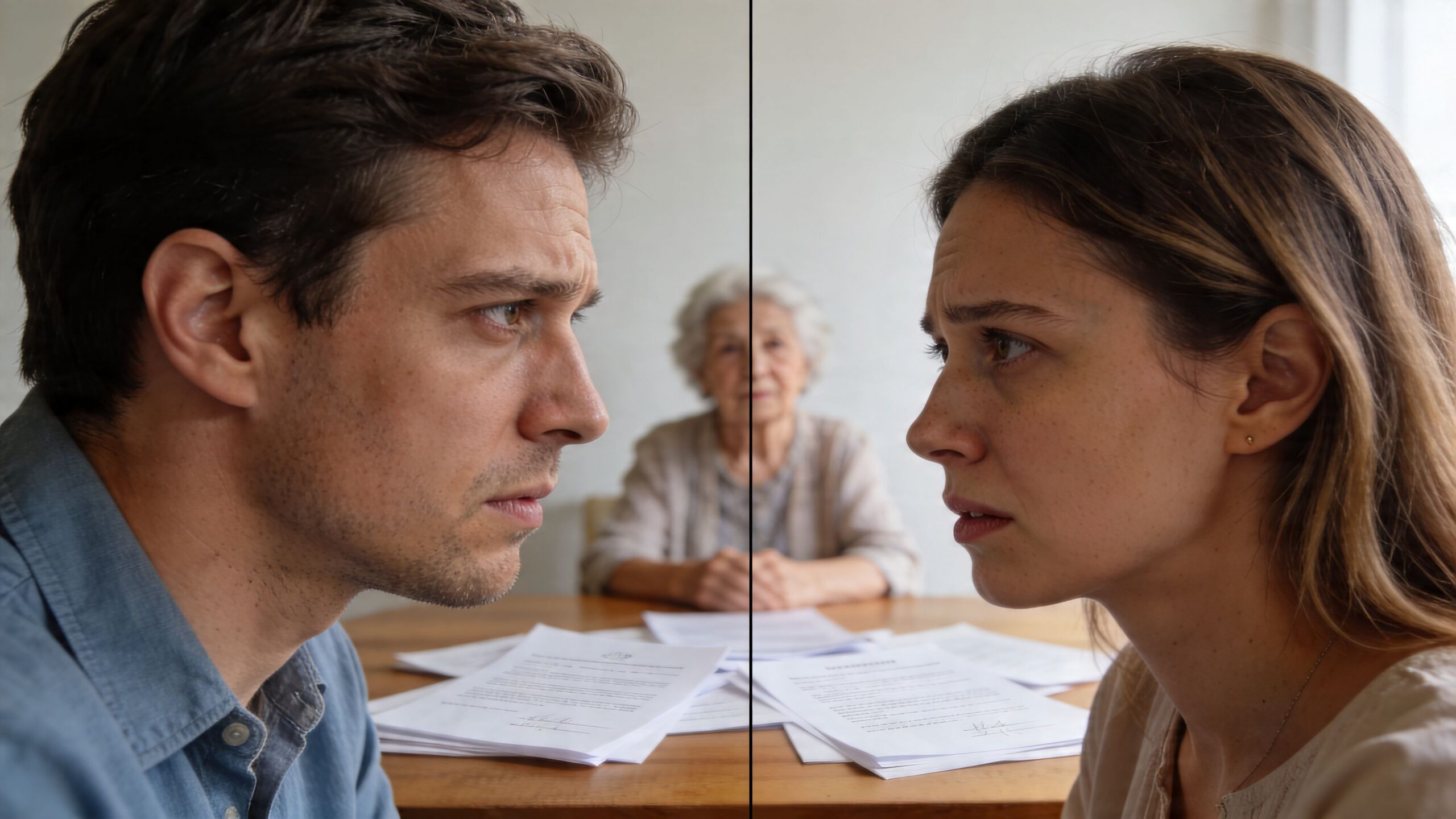 A couple looks at each other with concern while an elderly woman sits at a table behind them.