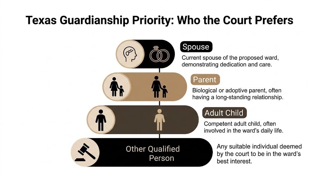 A tiered hierarchy chart showing the order of preference for Texas guardianship appointments by the court.