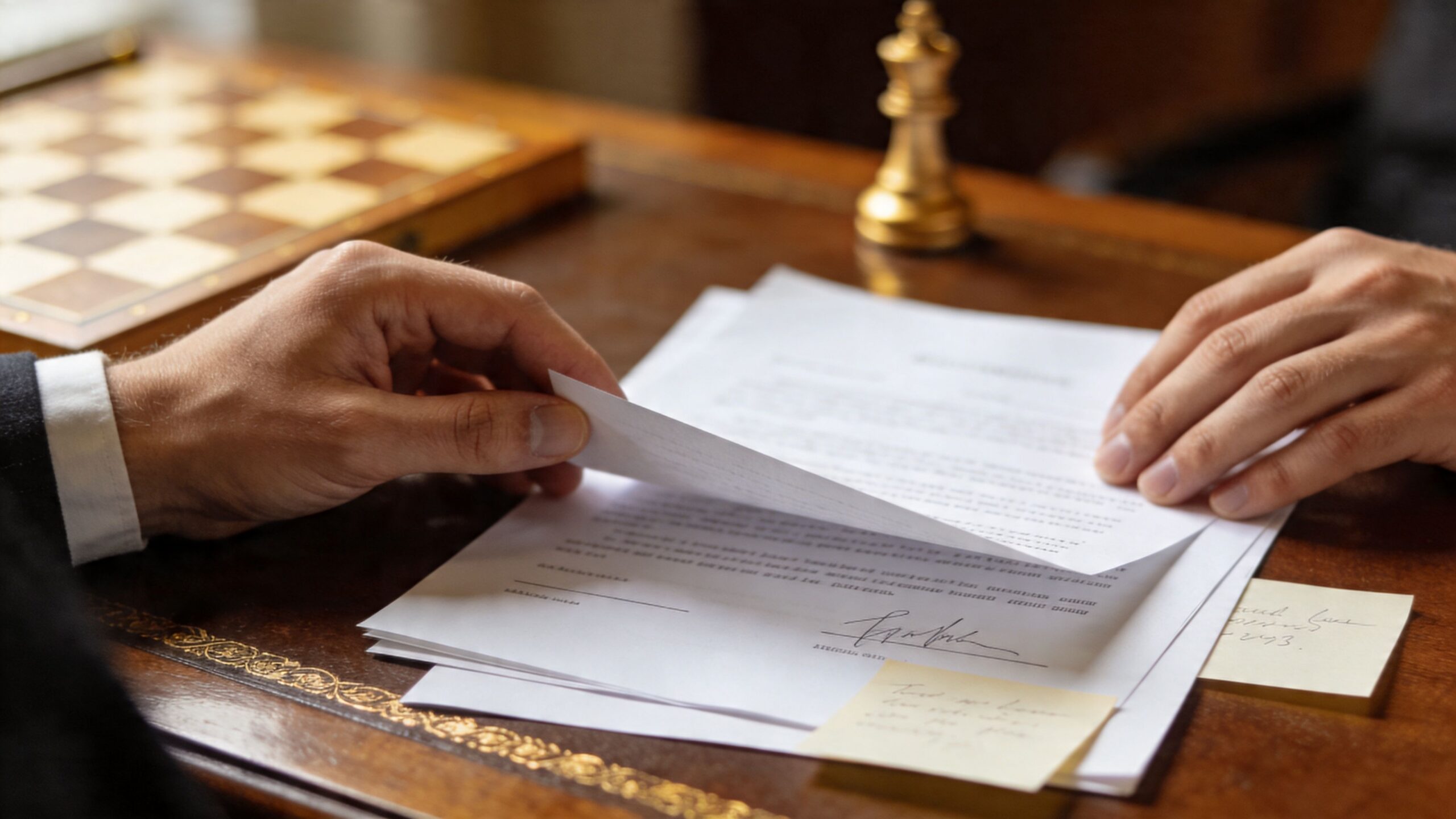Two business professionals reviewing legal documents on a wooden desk with a gold chess piece nearby.