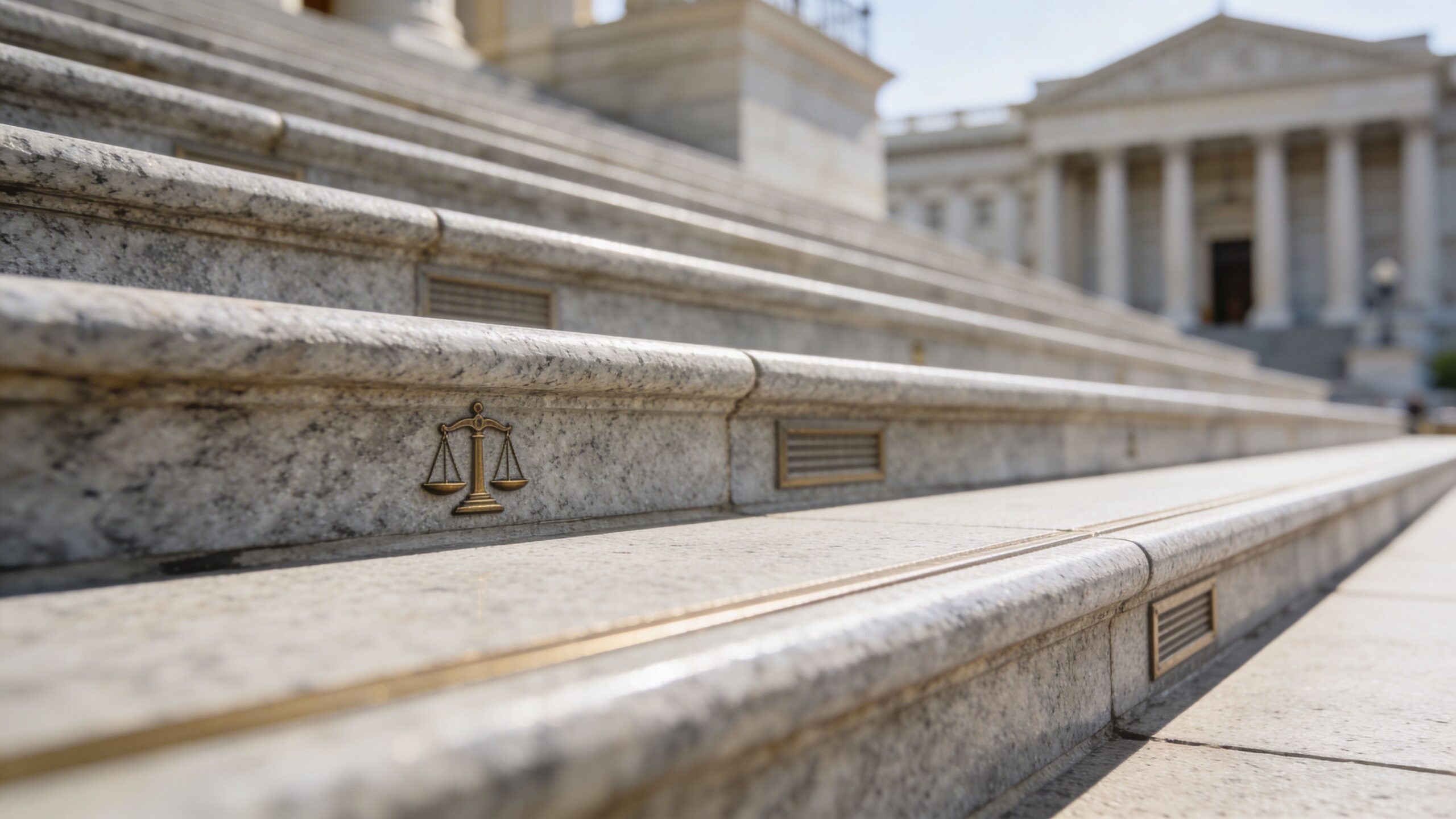 A gold scales of justice symbol embedded on the stone steps leading up to a courthouse.