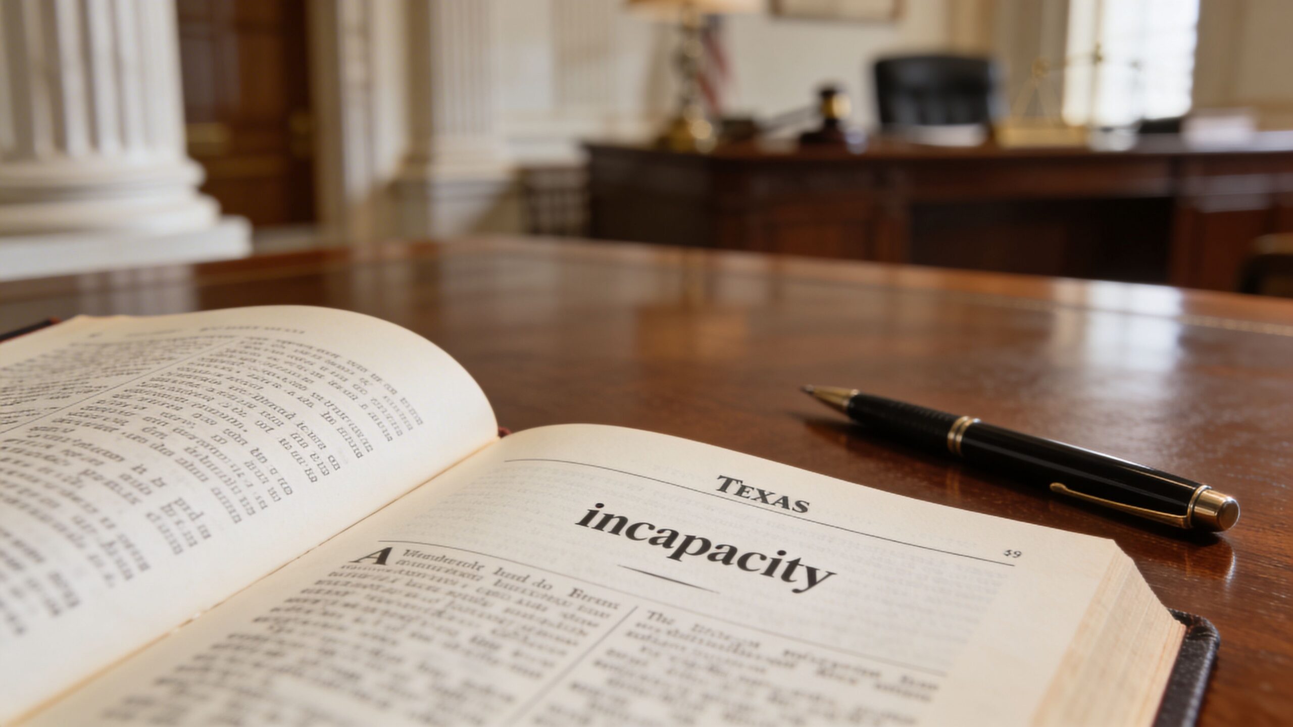 An open legal book on a wooden desk with the word incapacity highlighted, symbolizing court proceedings.