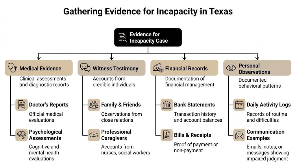 A flowchart outlining the different types of evidence needed for an incapacity case in Texas court.