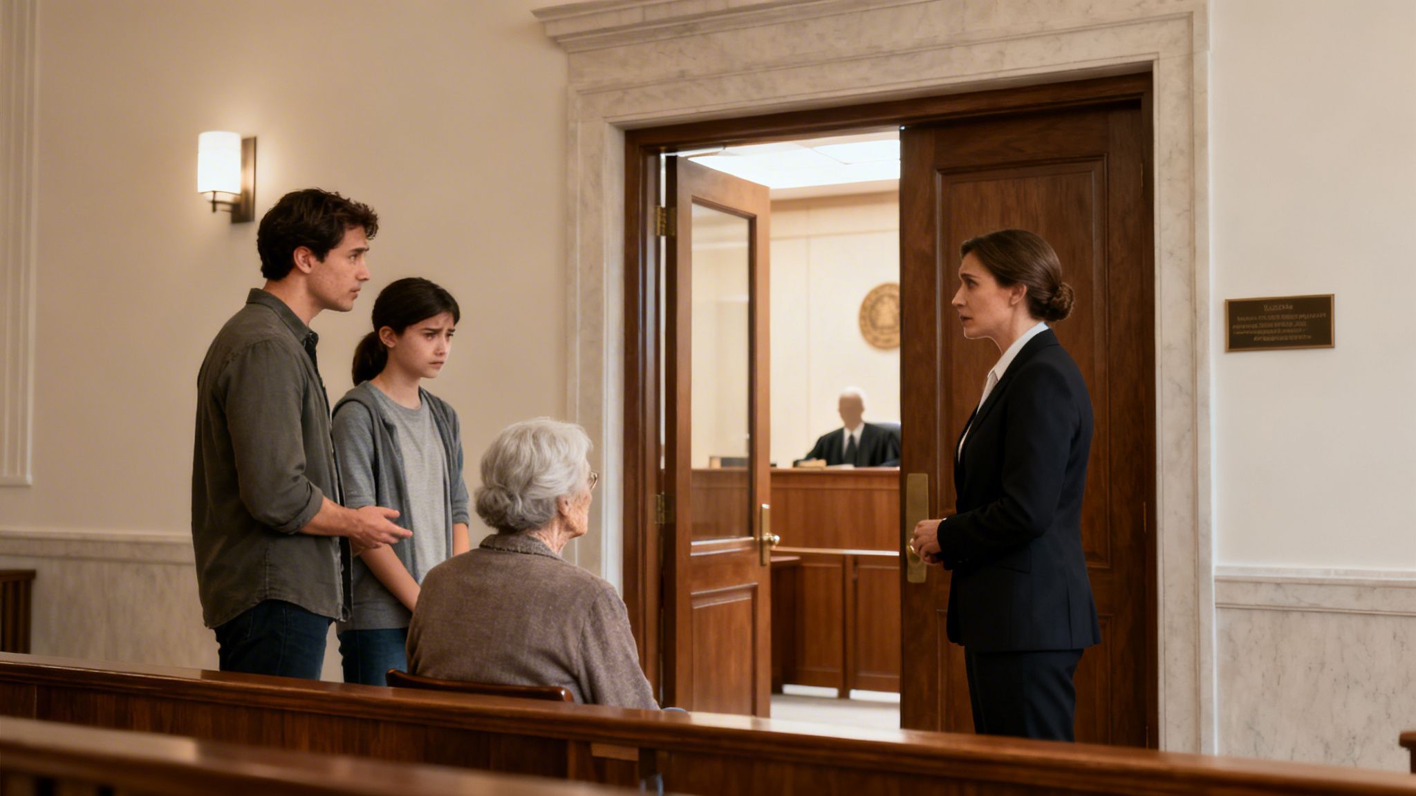 A lawyer consults with a young man, a girl, and an elderly woman in a courtroom.