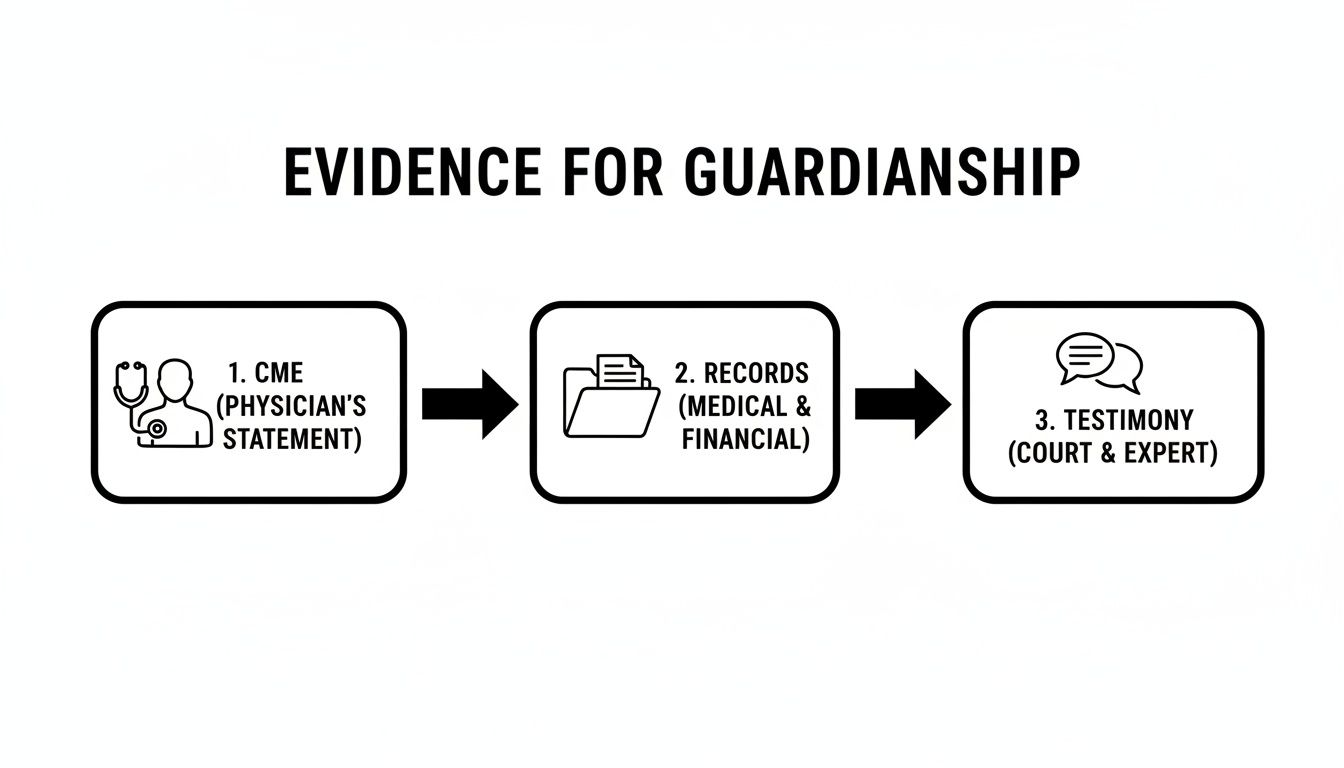 Flowchart illustrating the three types of evidence for guardianship: physician's statement, medical and financial records, and court and expert testimony.