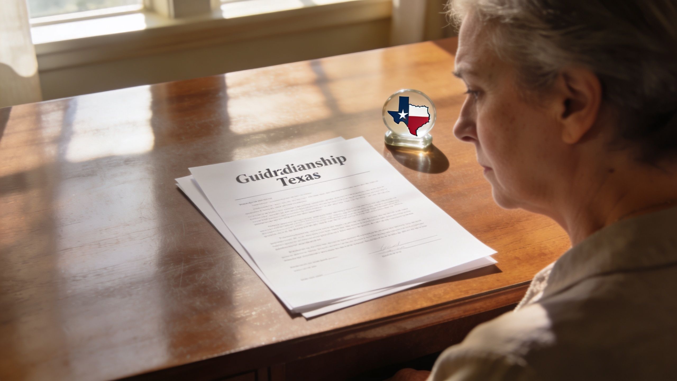An elderly person looking at a document titled Guardianship Texas with a Texas state souvenir nearby.