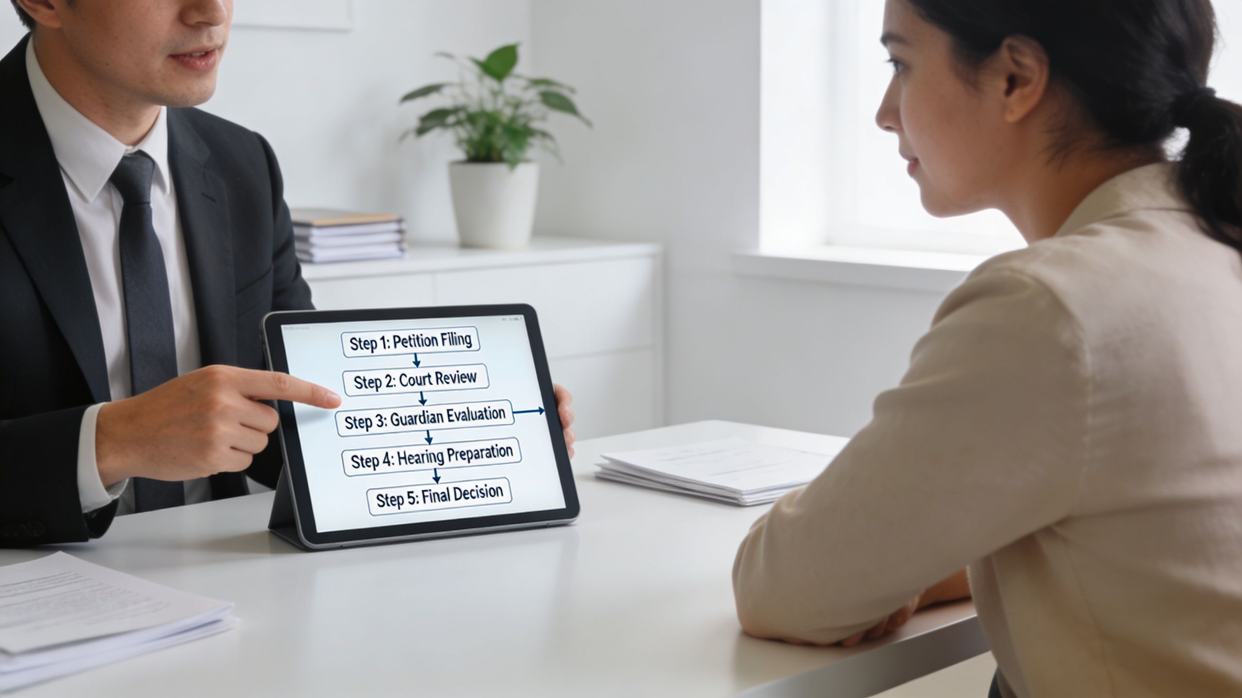 A professional man in a suit explaining the five-step legal guardianship process on a digital tablet.