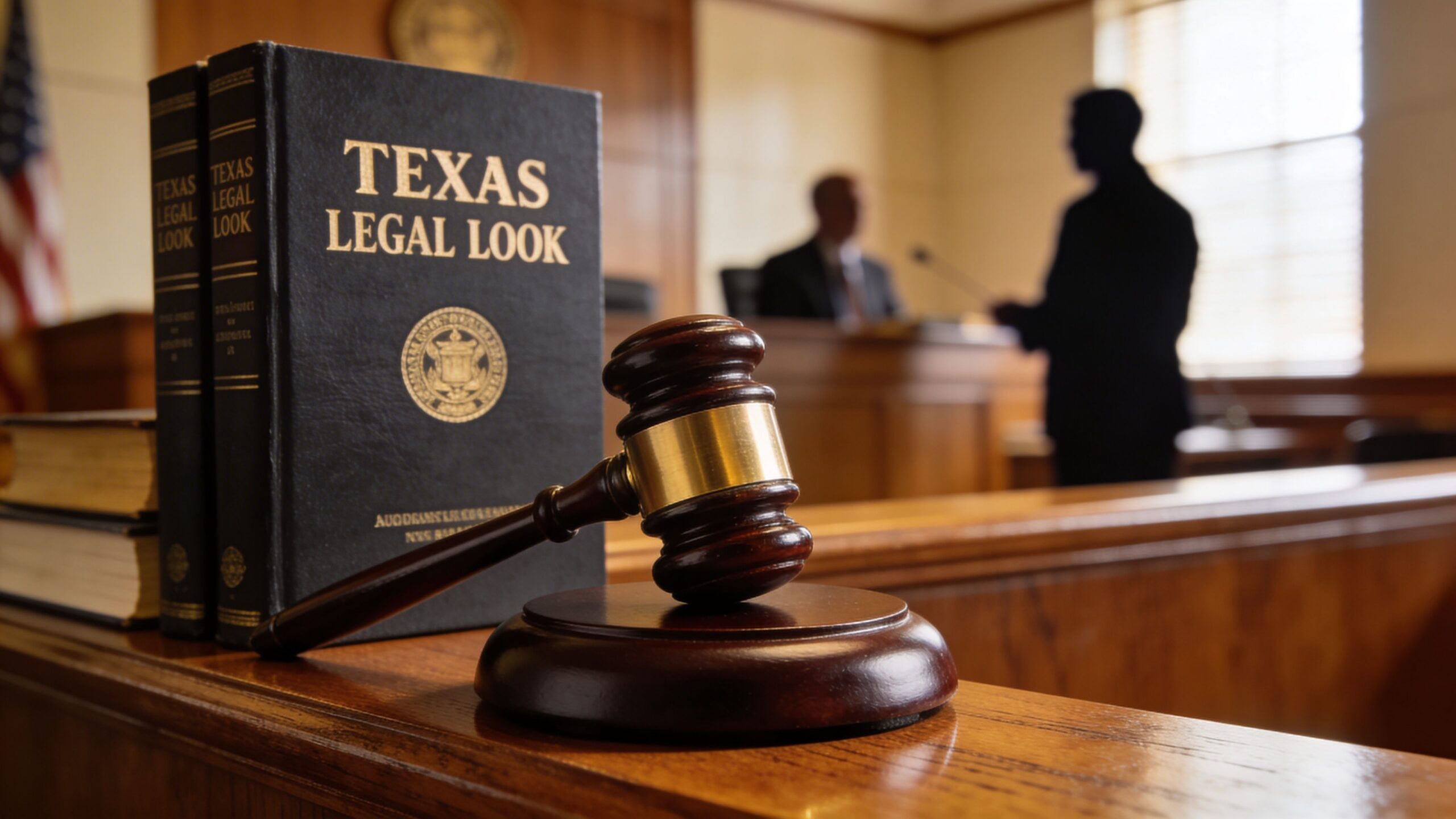 A gavel and law book on a courtroom bench with a lawyer testifying in the blurred background.