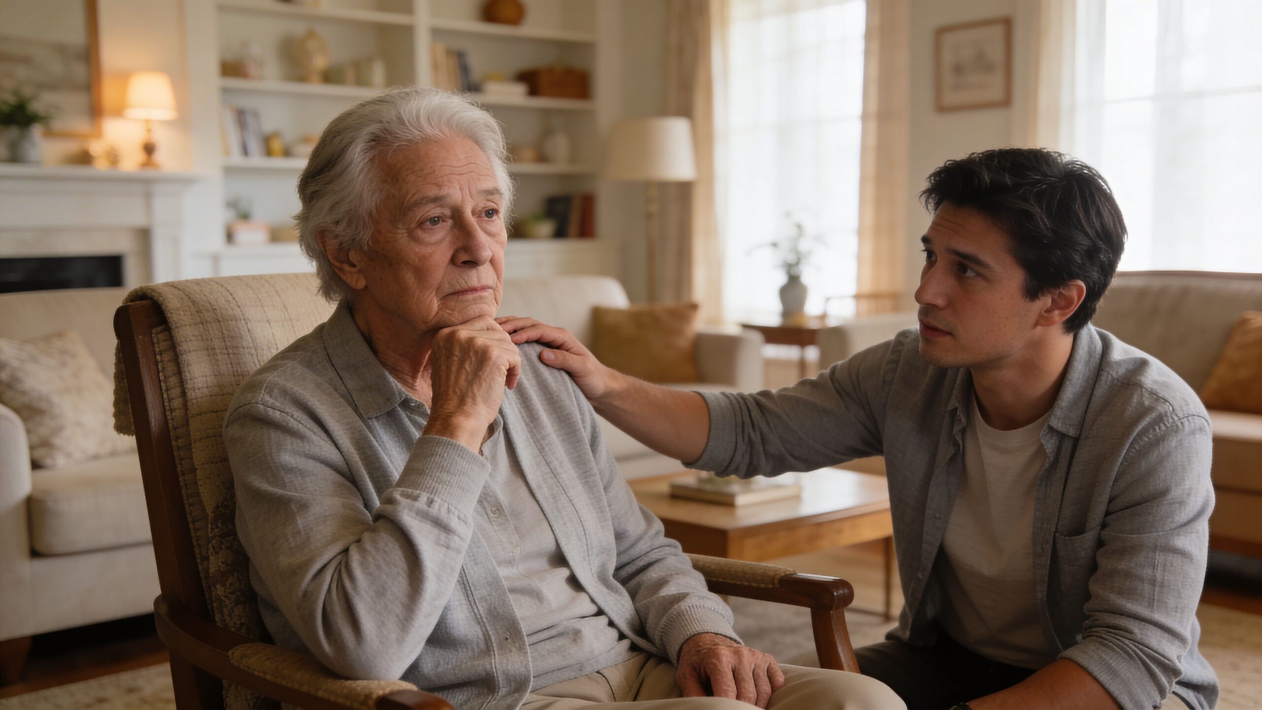 A concerned young man comforting an elderly woman sitting in a chair during a difficult conversation.