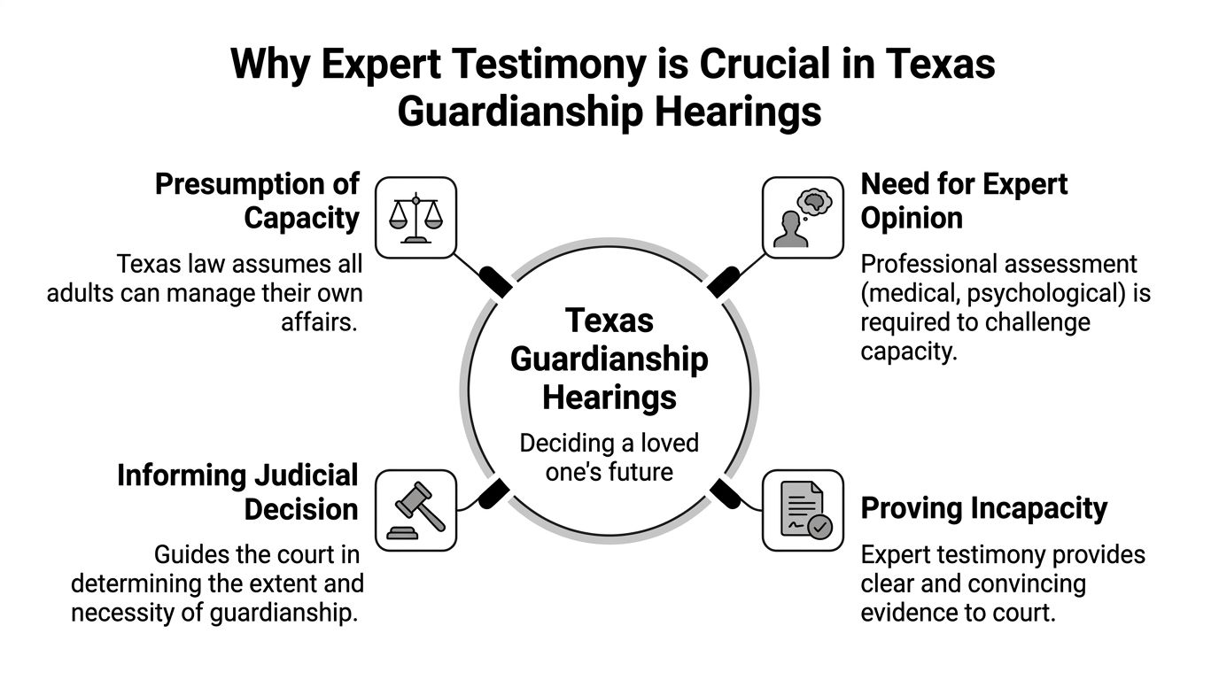 A diagram explaining why expert testimony is essential for guardianship hearings in the Texas legal system.