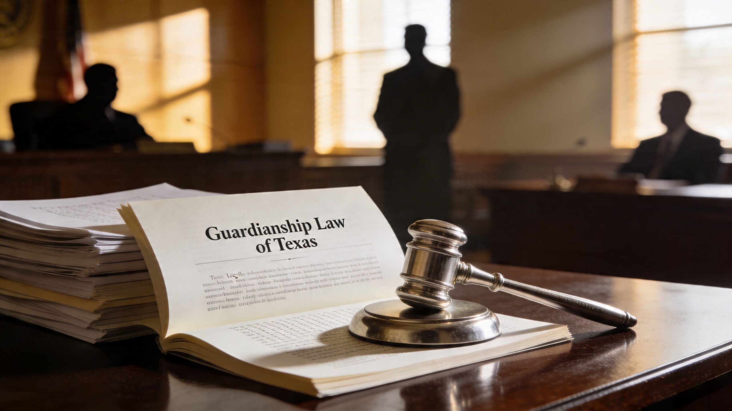 A wooden judge's gavel resting on an open book titled Guardianship Law of Texas inside a courtroom.