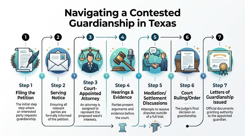 A seven-step flowchart illustrating the legal process for navigating a contested guardianship in Texas.