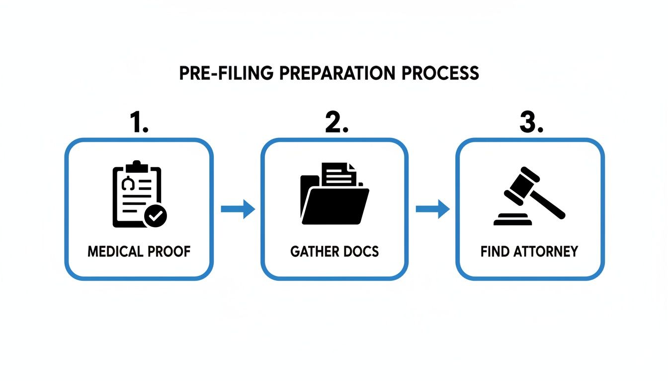 Infographic showing three steps for pre-filing preparation: medical proof, gather documents, and find an attorney.