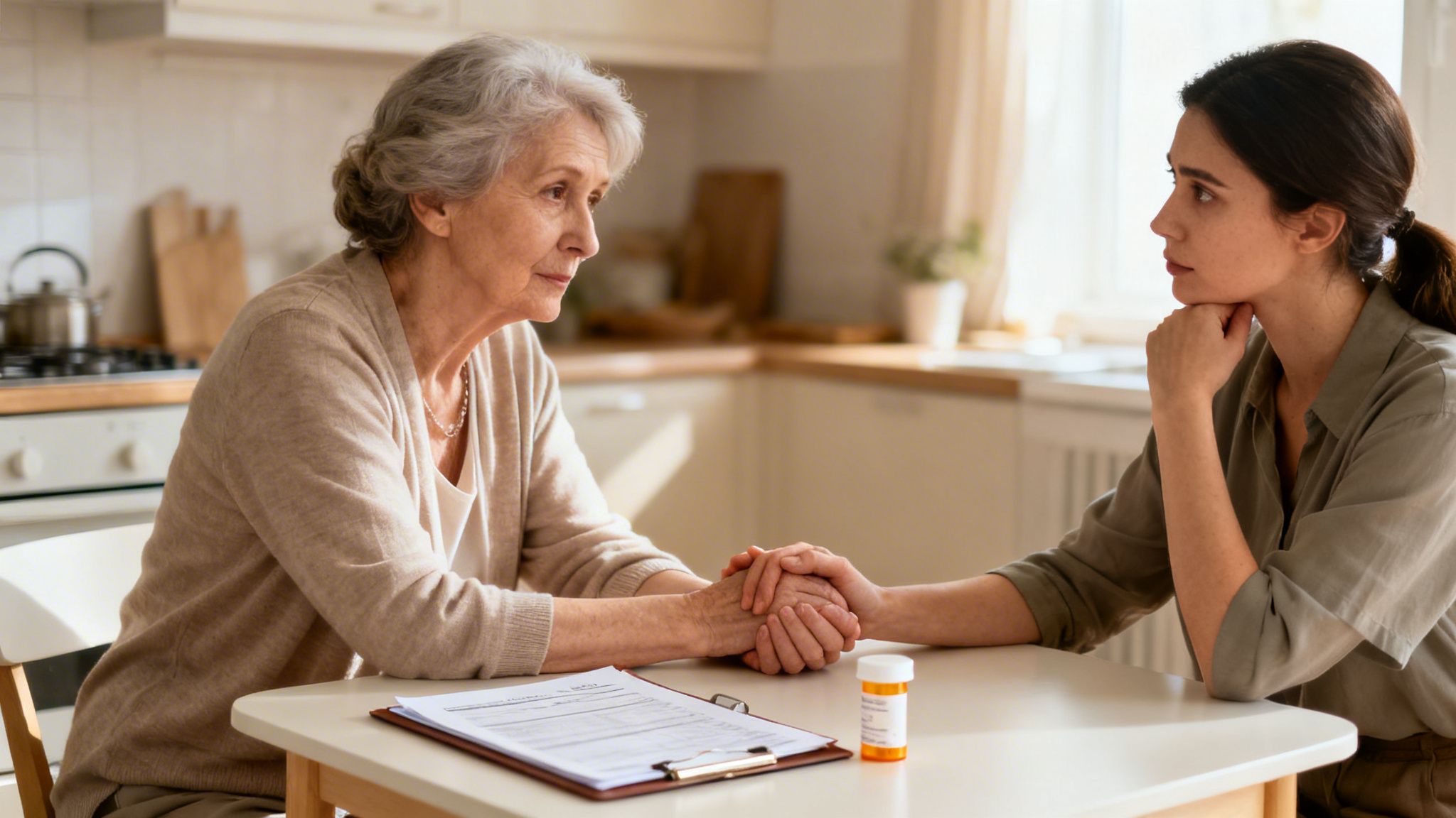 Elderly woman and younger woman holding hands, discussing a document and medication.