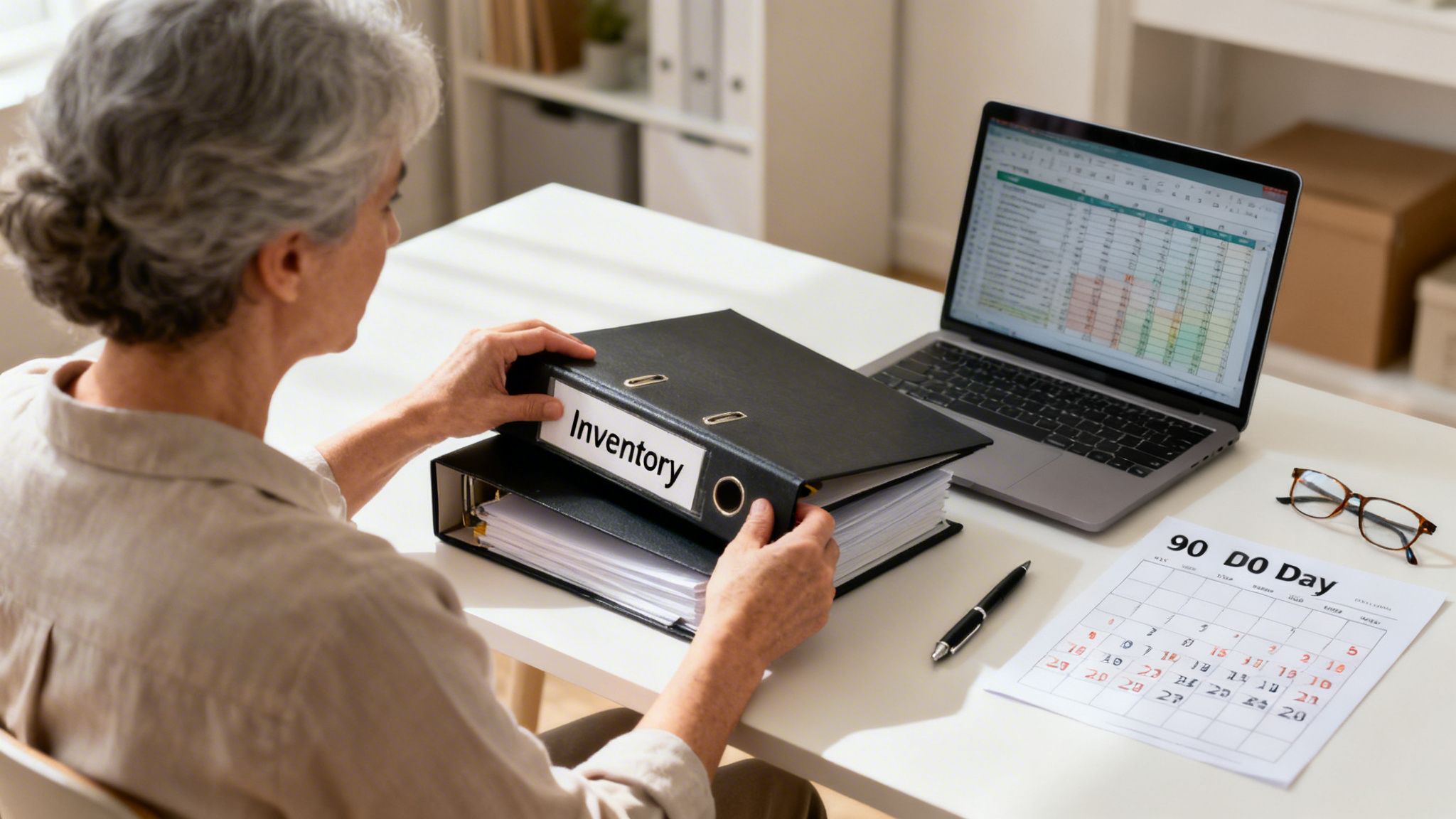 An older woman organizes inventory binders at a desk with a laptop and calendar.