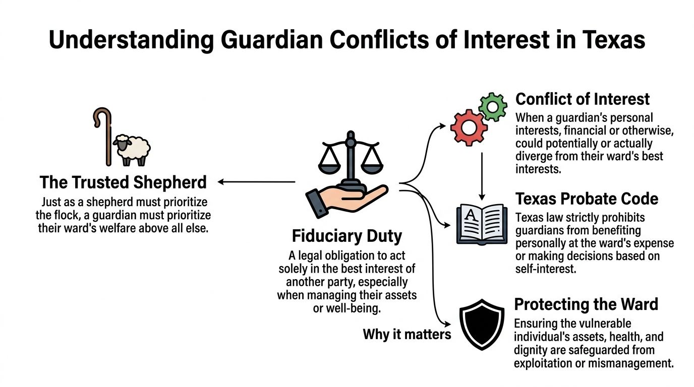 An infographic explaining guardian conflicts of interest in Texas, emphasizing fiduciary duty and protection for wards.