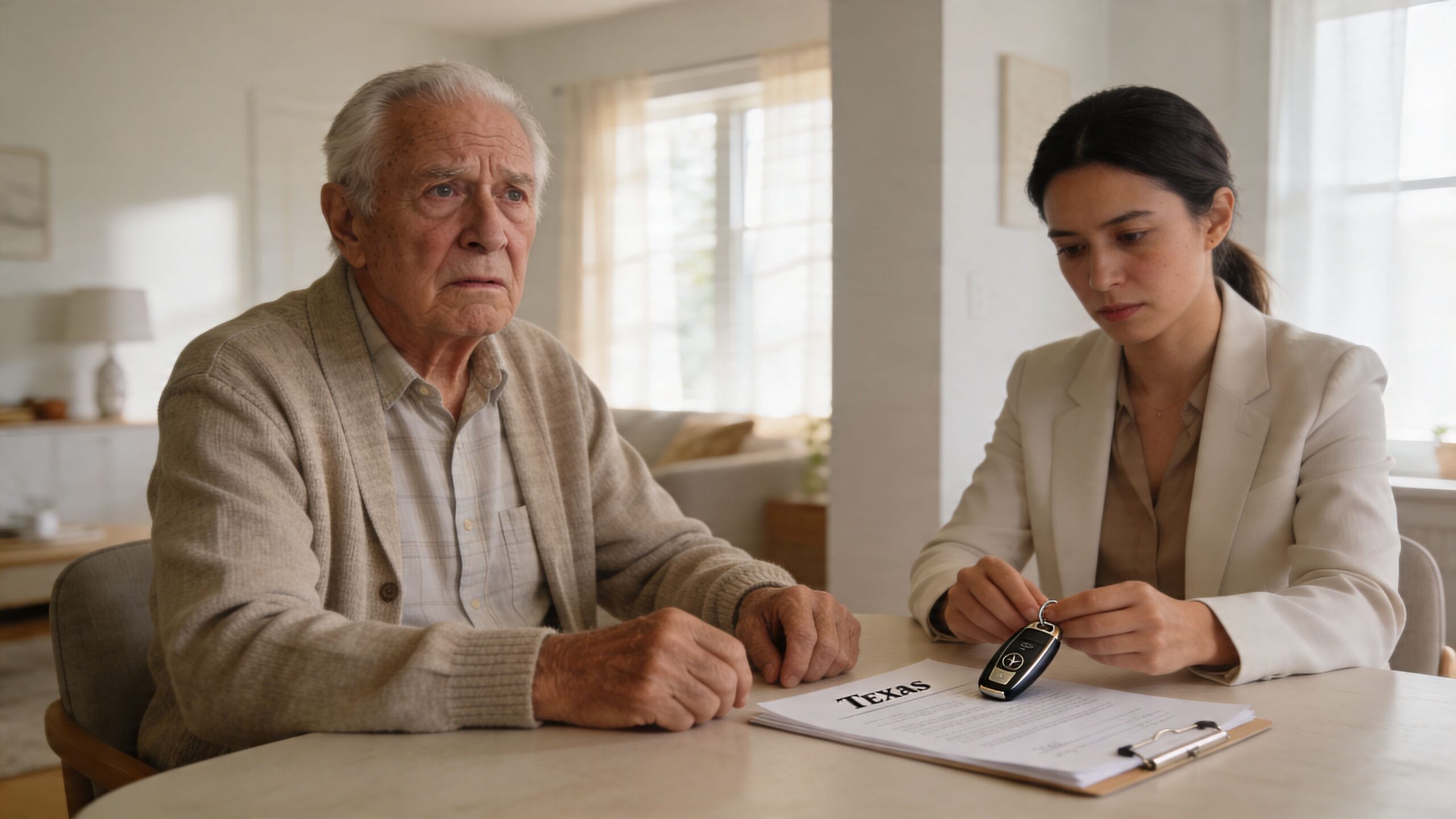 A concerned elderly man sits with a woman holding car keys and legal documents about Texas.