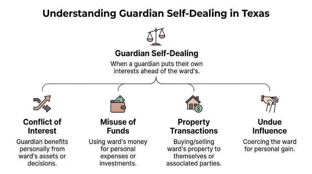 A diagram explaining guardian self-dealing in Texas, detailing examples like conflict of interest, misuse of funds, property transactions, and undue influence.