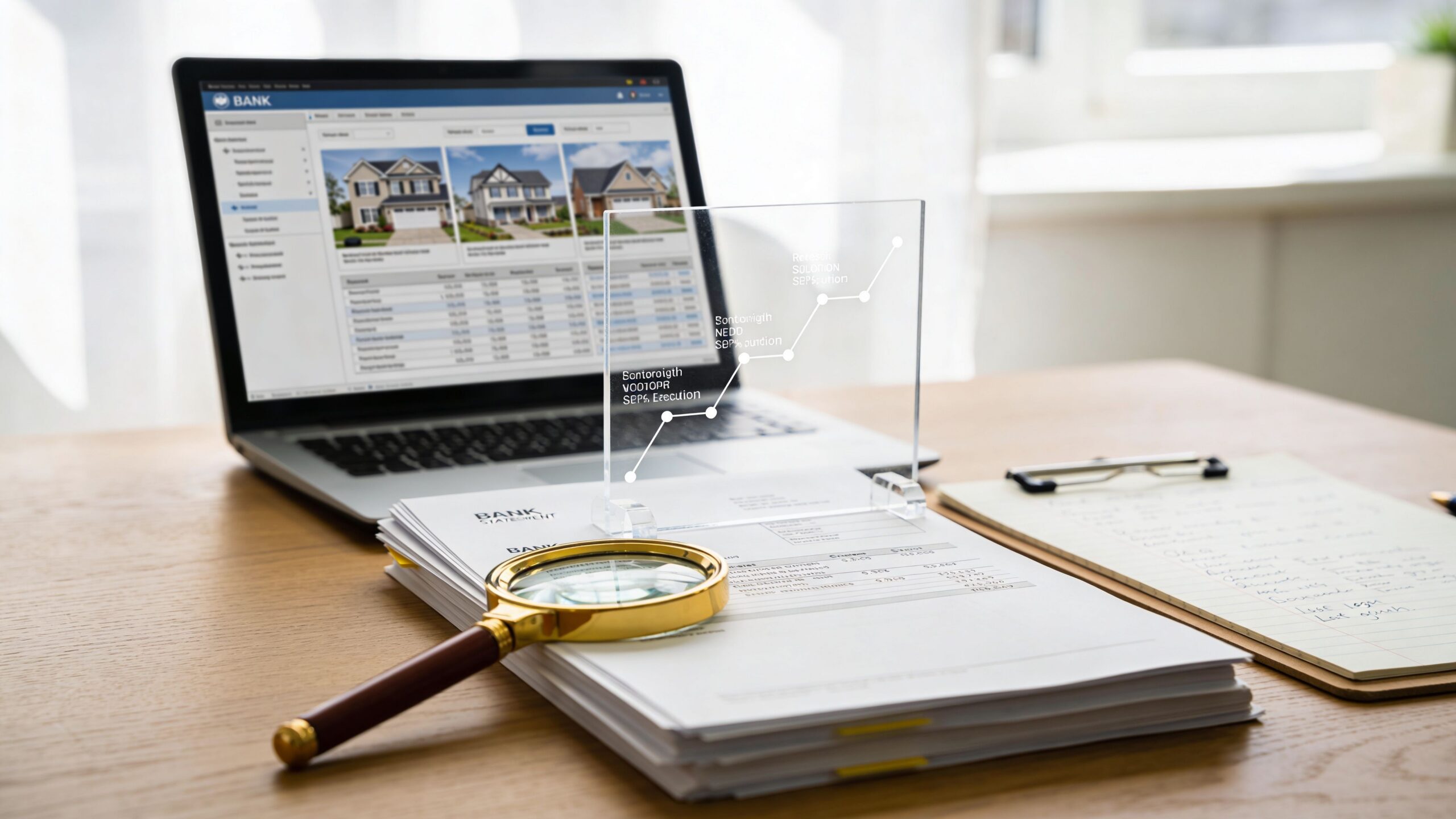 A magnifying glass and a financial report on a desk in front of a laptop showing housing data.