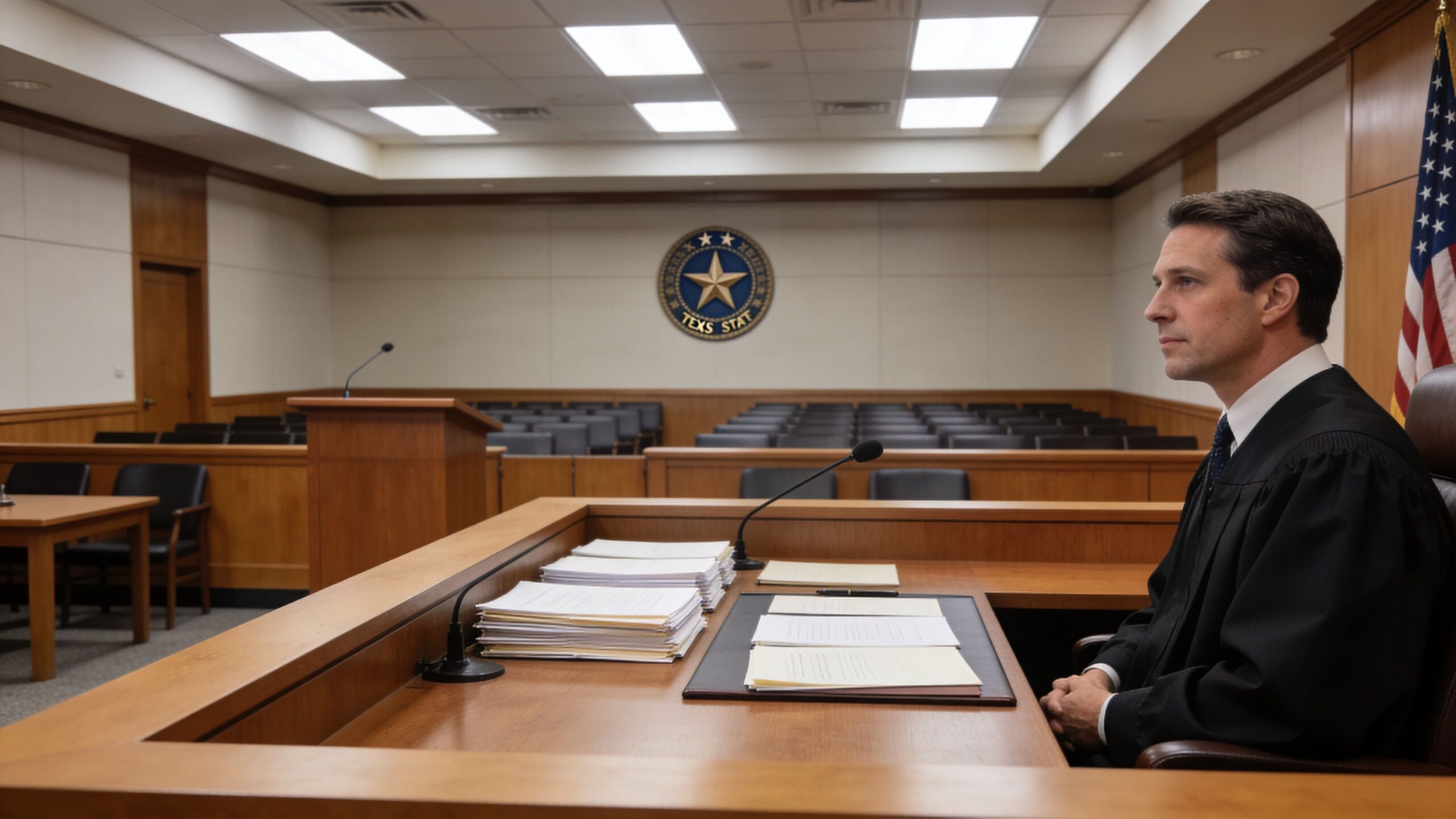 A judge in a black robe sitting at a wooden bench in a courtroom with a Texas emblem.