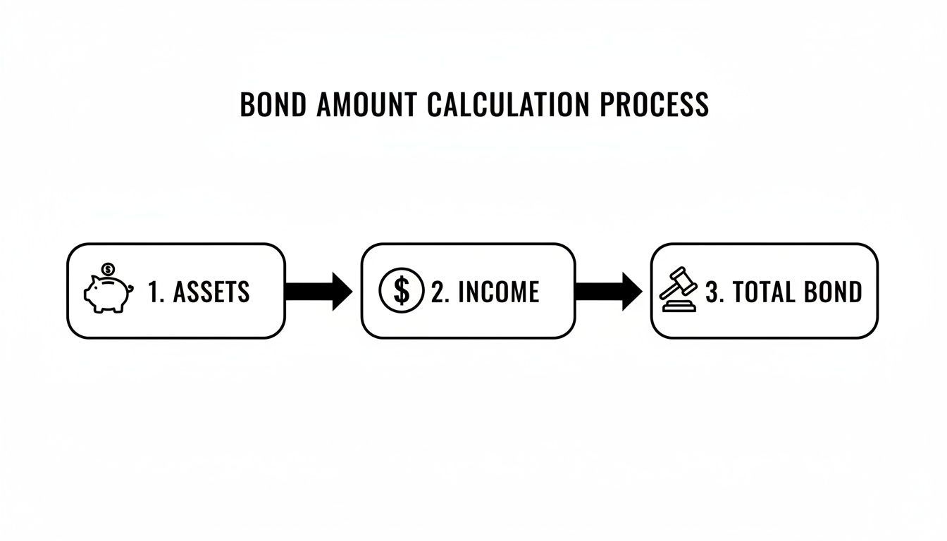 A flowchart illustrating the bond amount calculation process, starting with assets, then income, leading to total bond.